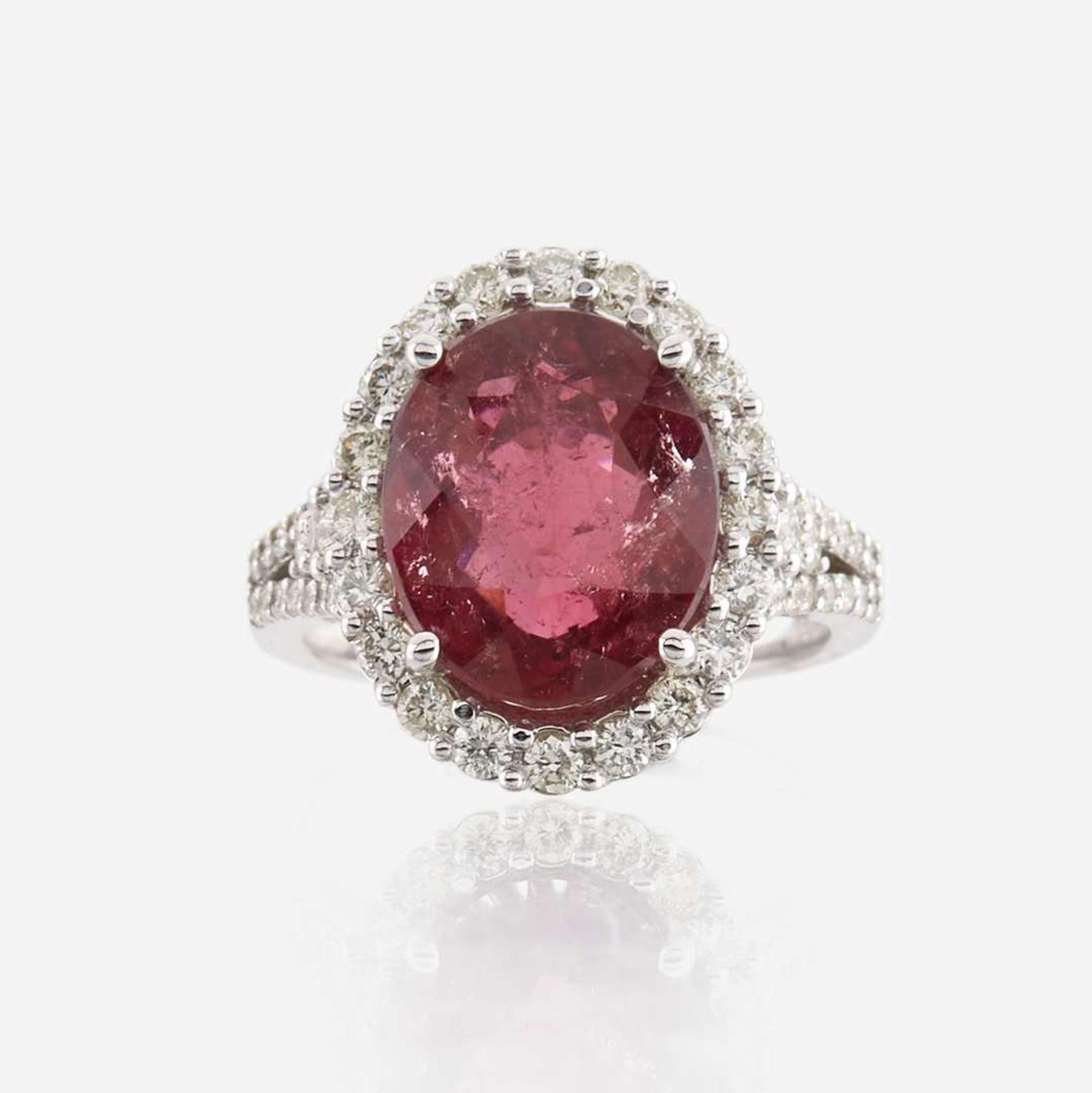 A pink tourmaline, diamond, and white gold ring