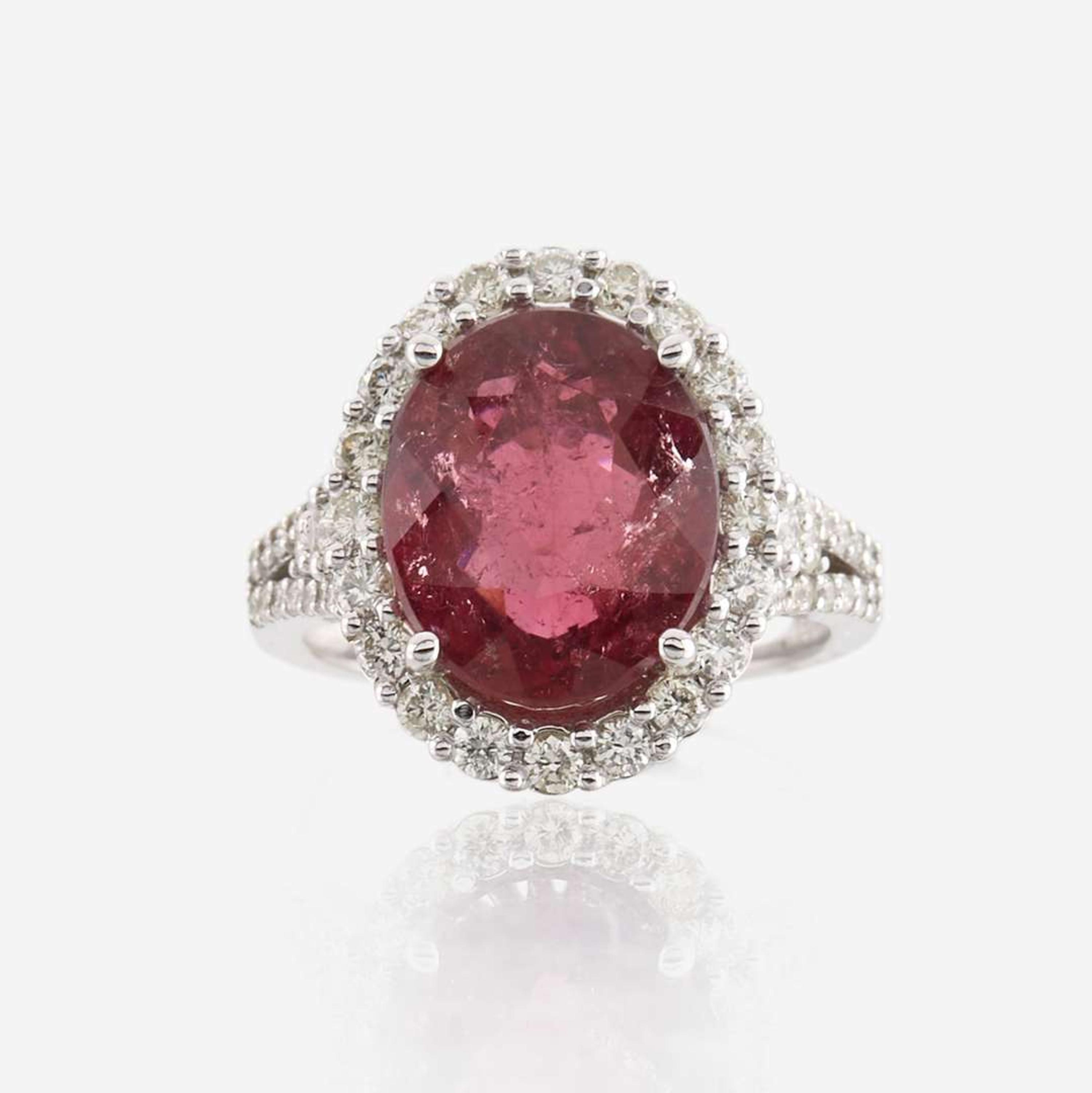 A pink tourmaline, diamond, and white gold ring