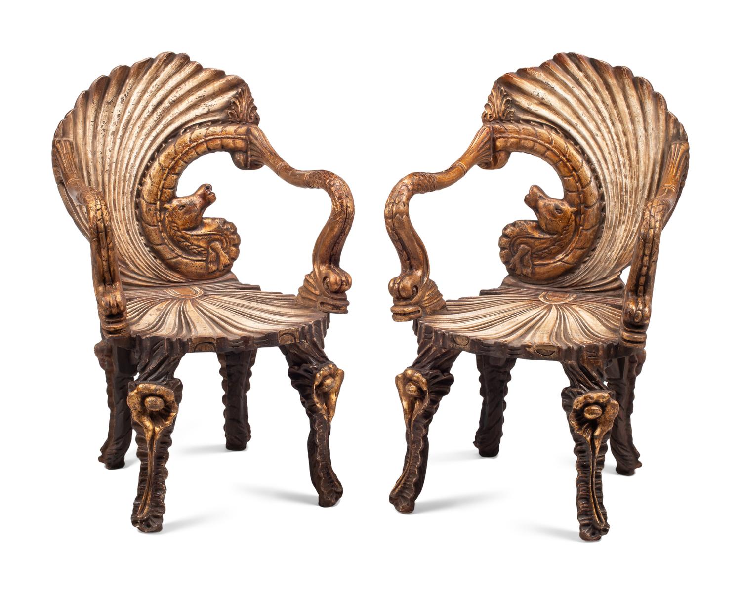 A Pair of Venetian Grotto Style Giltwood Armchairs