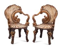 A Pair of Venetian Grotto Style Giltwood Armchairs