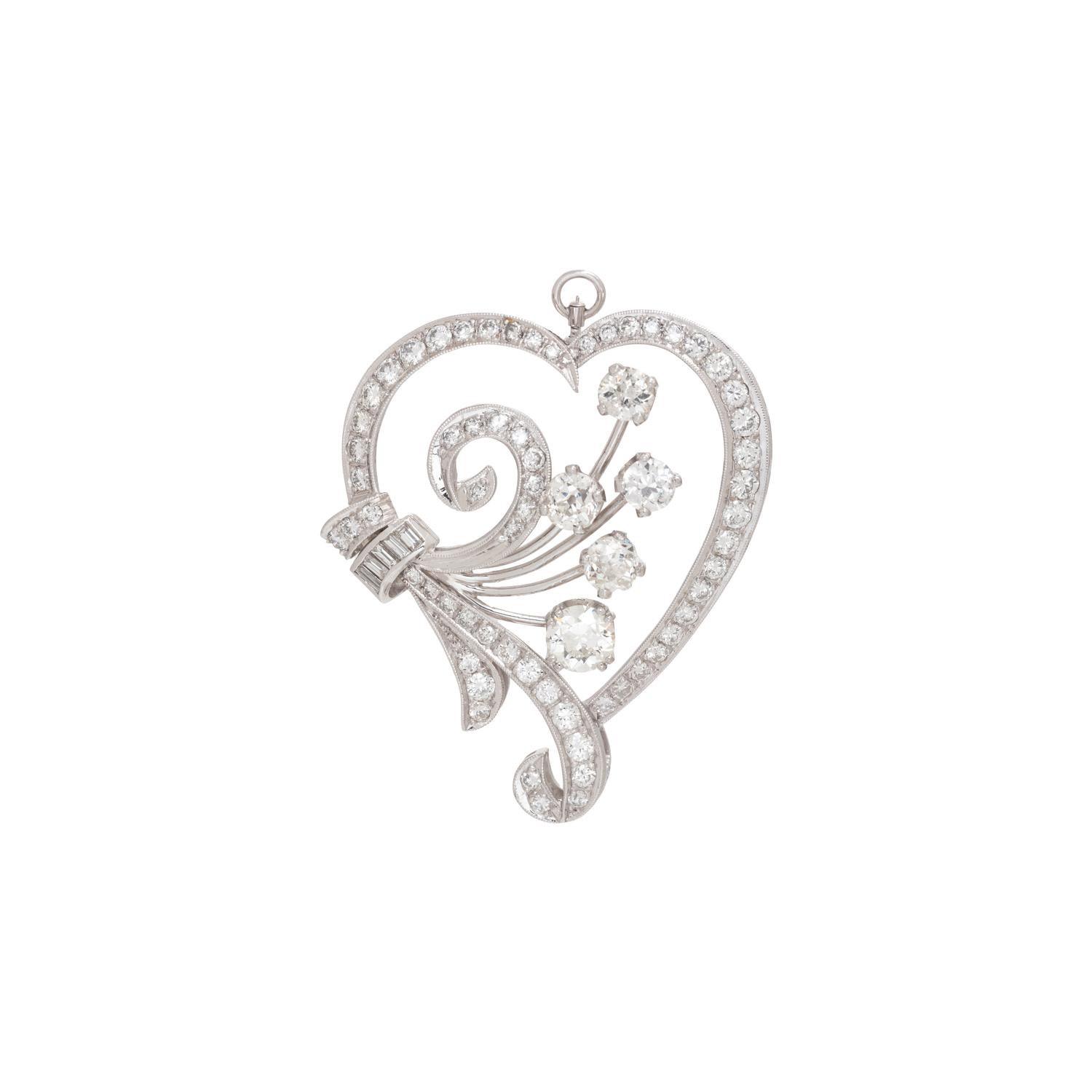VINTAGE, PLATINUM AND DIAMOND HEART PENDANT/BROOCH