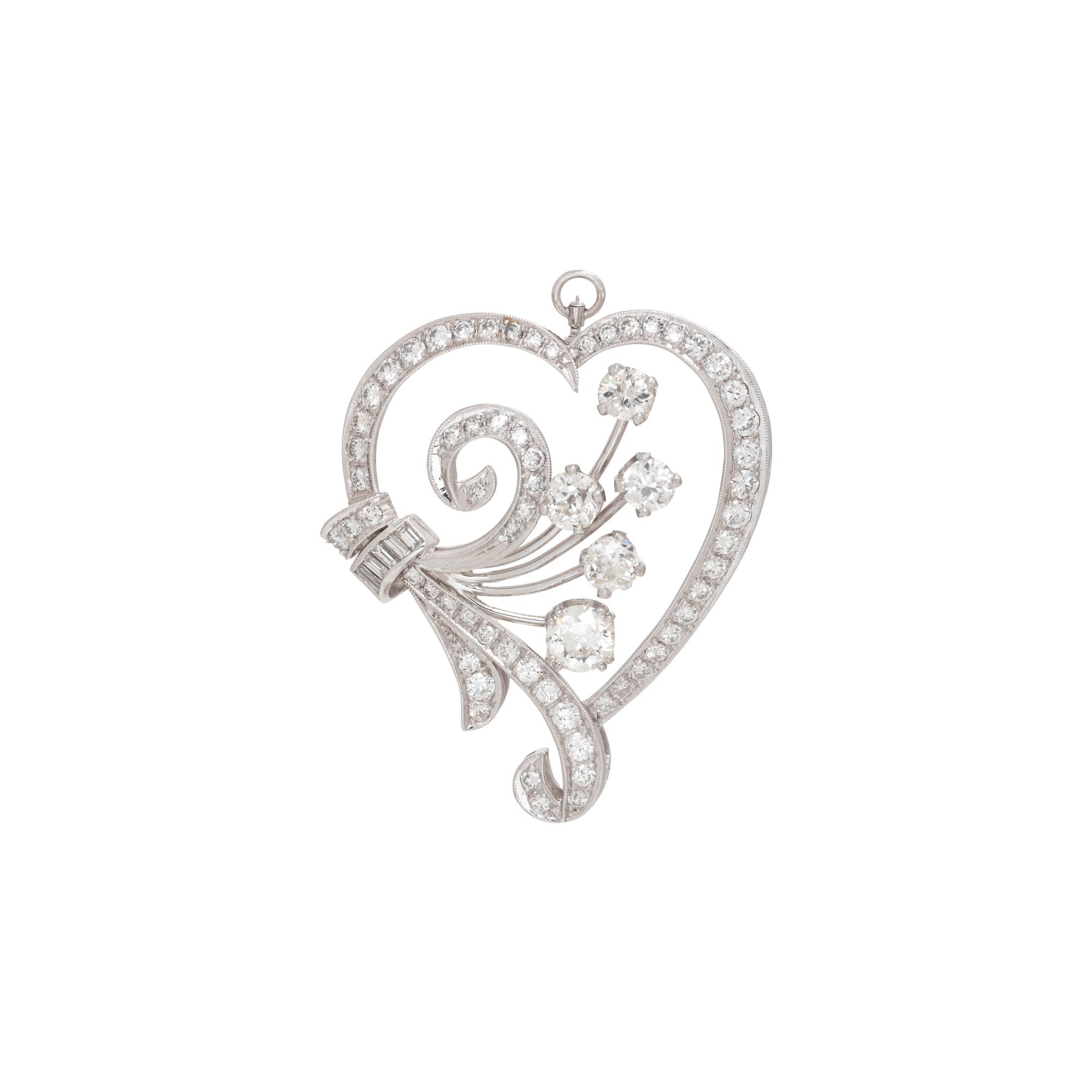 VINTAGE, PLATINUM AND DIAMOND HEART PENDANT/BROOCH