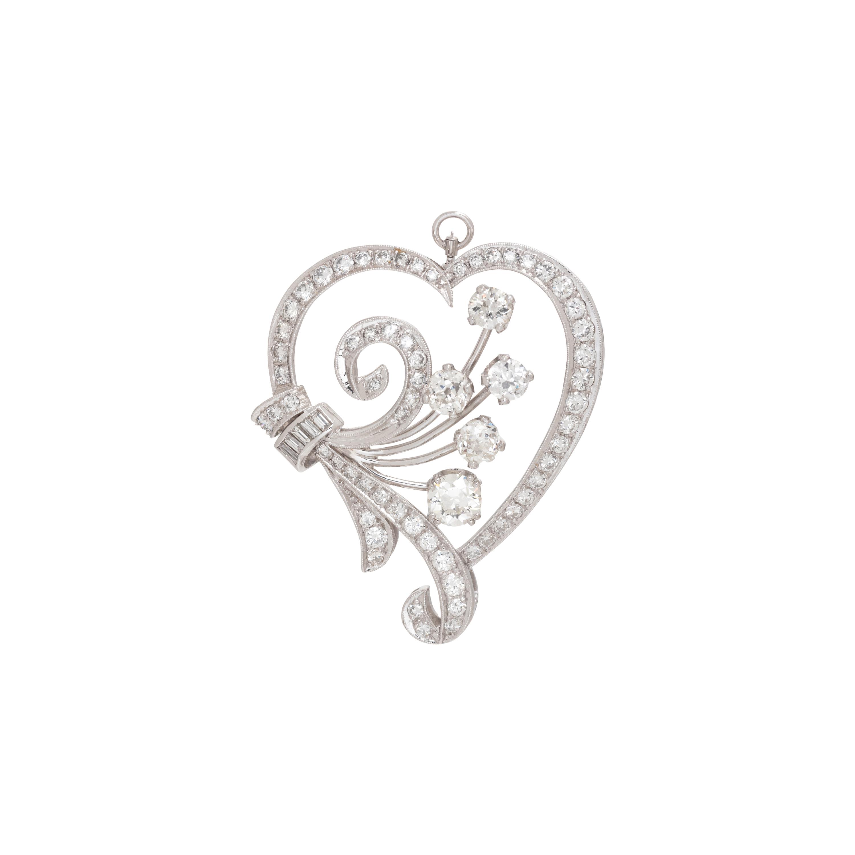 VINTAGE, PLATINUM AND DIAMOND HEART PENDANT/BROOCH