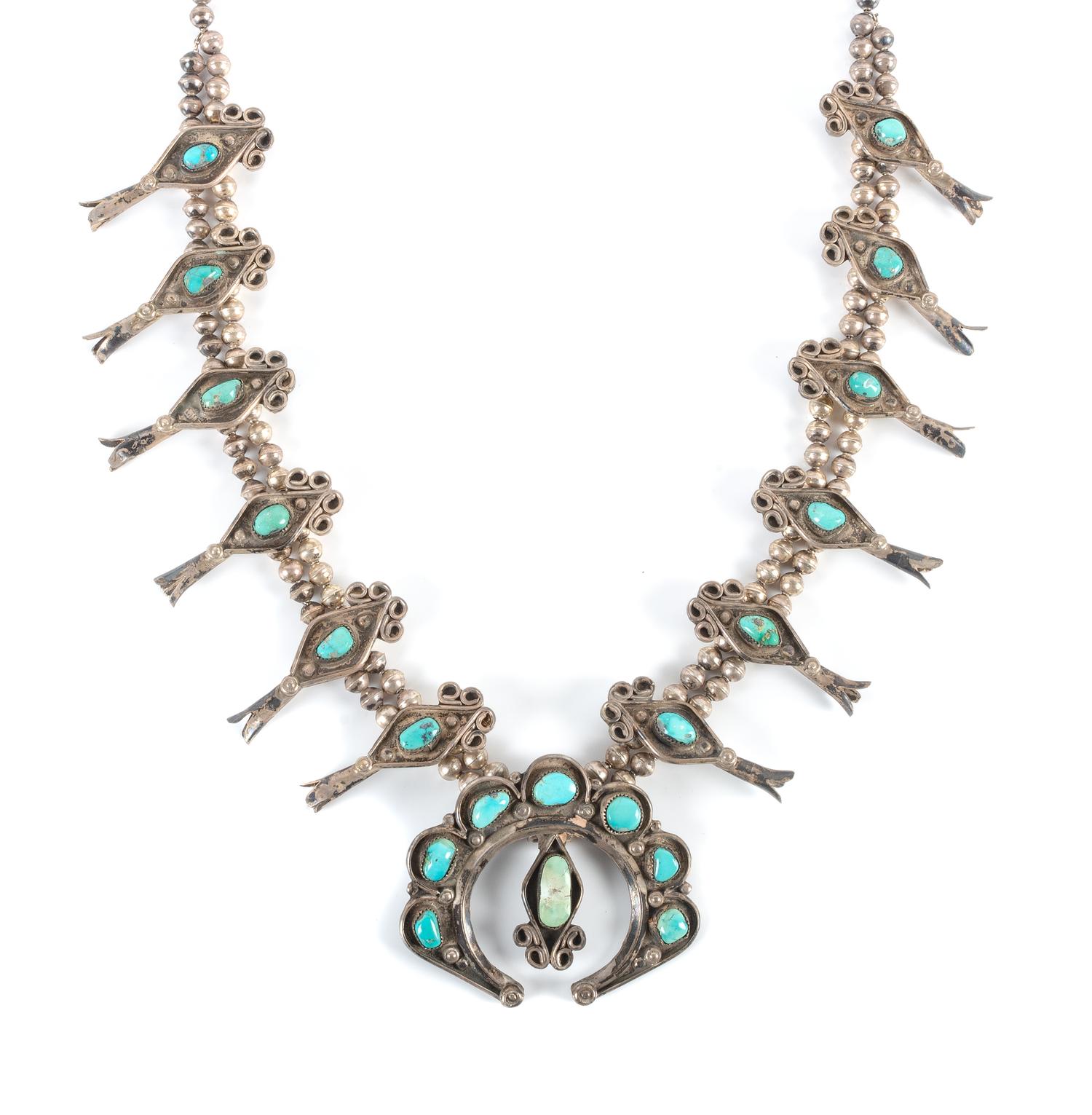 Southwestern Silver and Turquoise Squash Blossom Length 28 inches