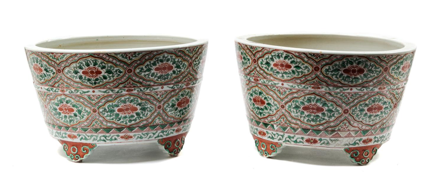 A Pair of Chinese Famille Rose Porcelain Footed Jardinières Height 10 x diameter 16 1/4 inches. — 20TH CENTURY