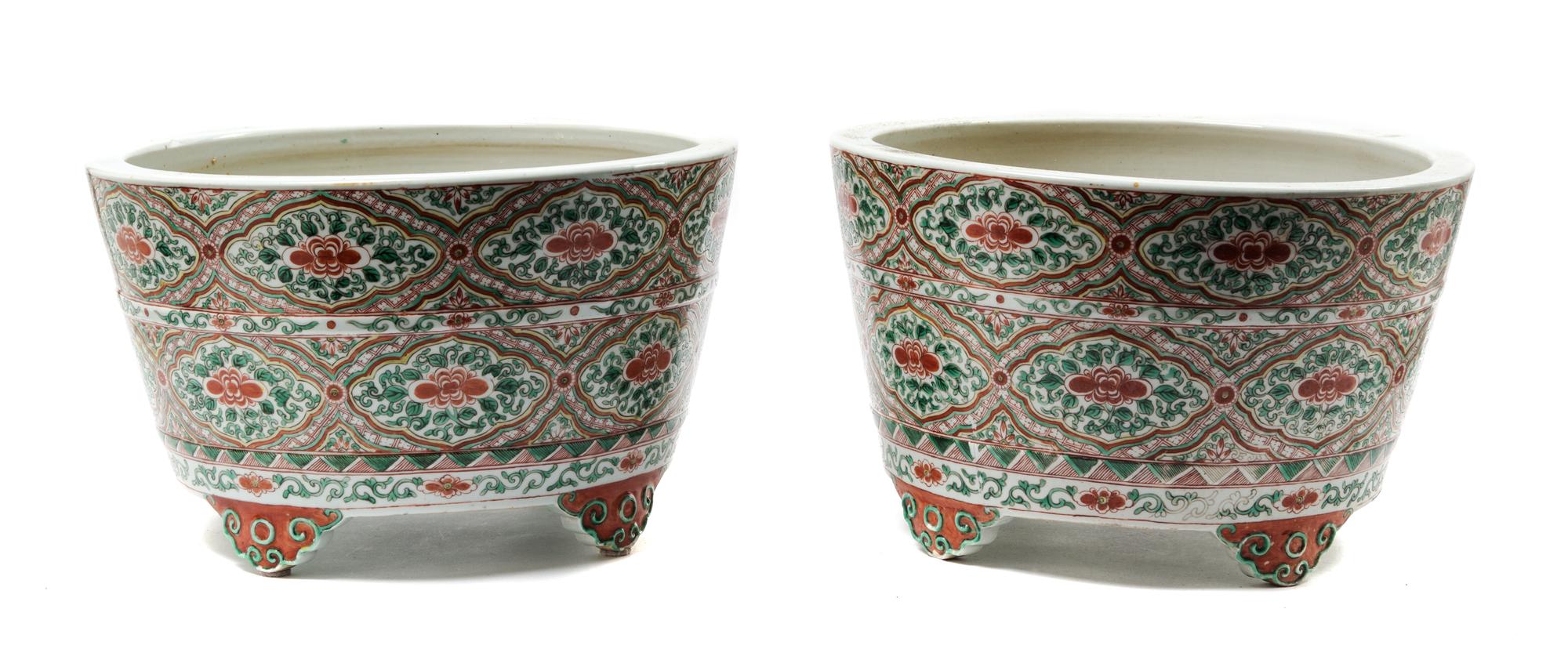 A Pair of Chinese Famille Rose Porcelain Footed Jardinières Height 10 x diameter 16 1/4 inches. — 20TH CENTURY