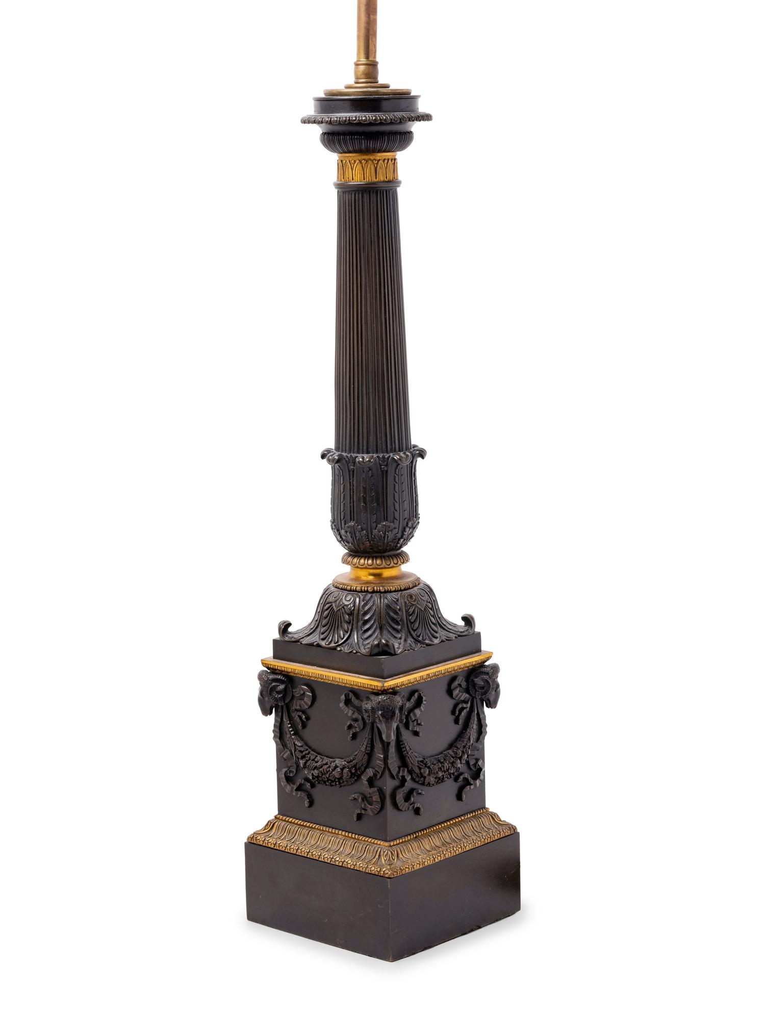 A Charles X Gilt and Patinated Bronze Oil Lamp Converted to Electricity