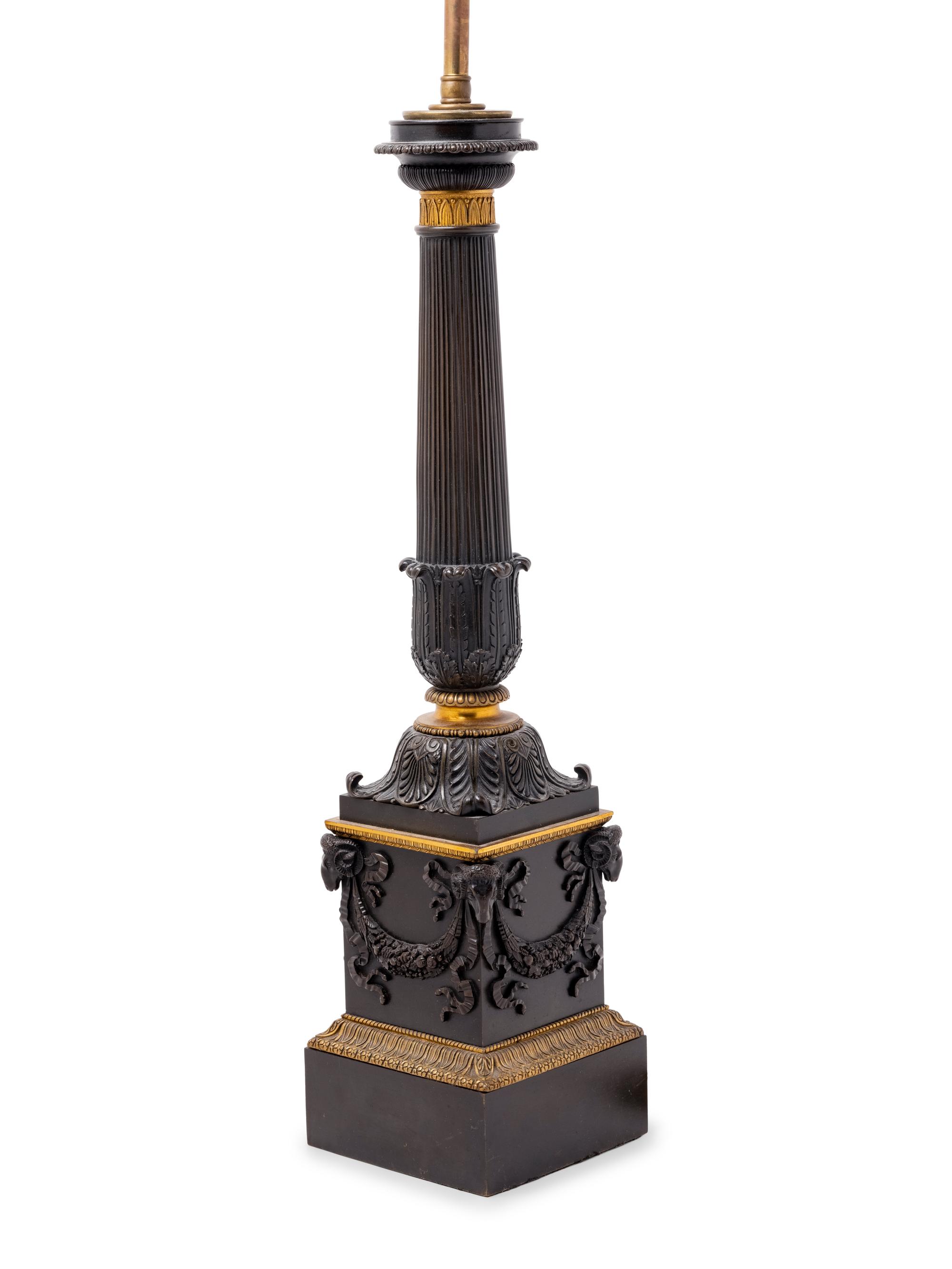 A Charles X Gilt and Patinated Bronze Oil Lamp Converted to Electricity