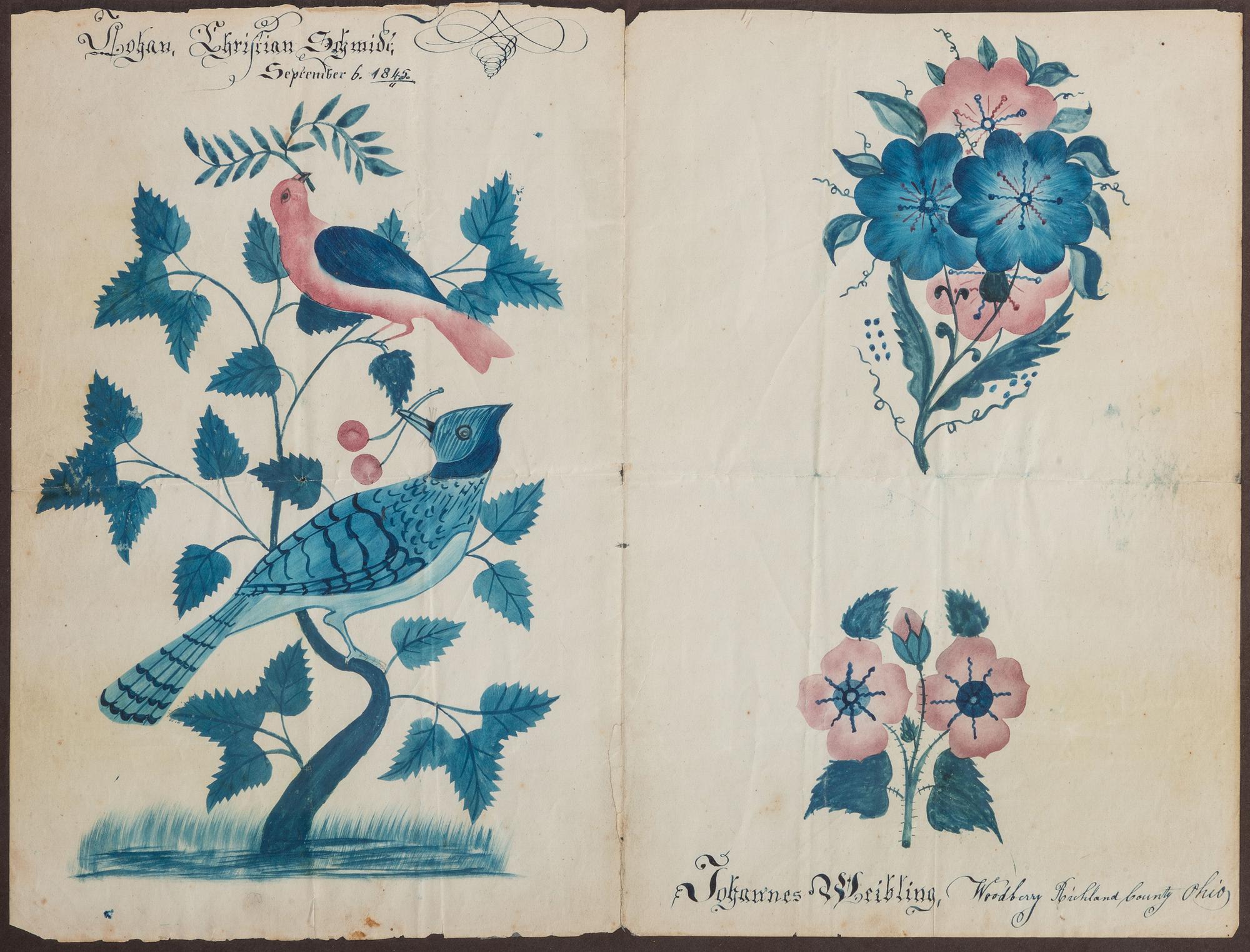 A Folk Art Painting of Birds and Flowers