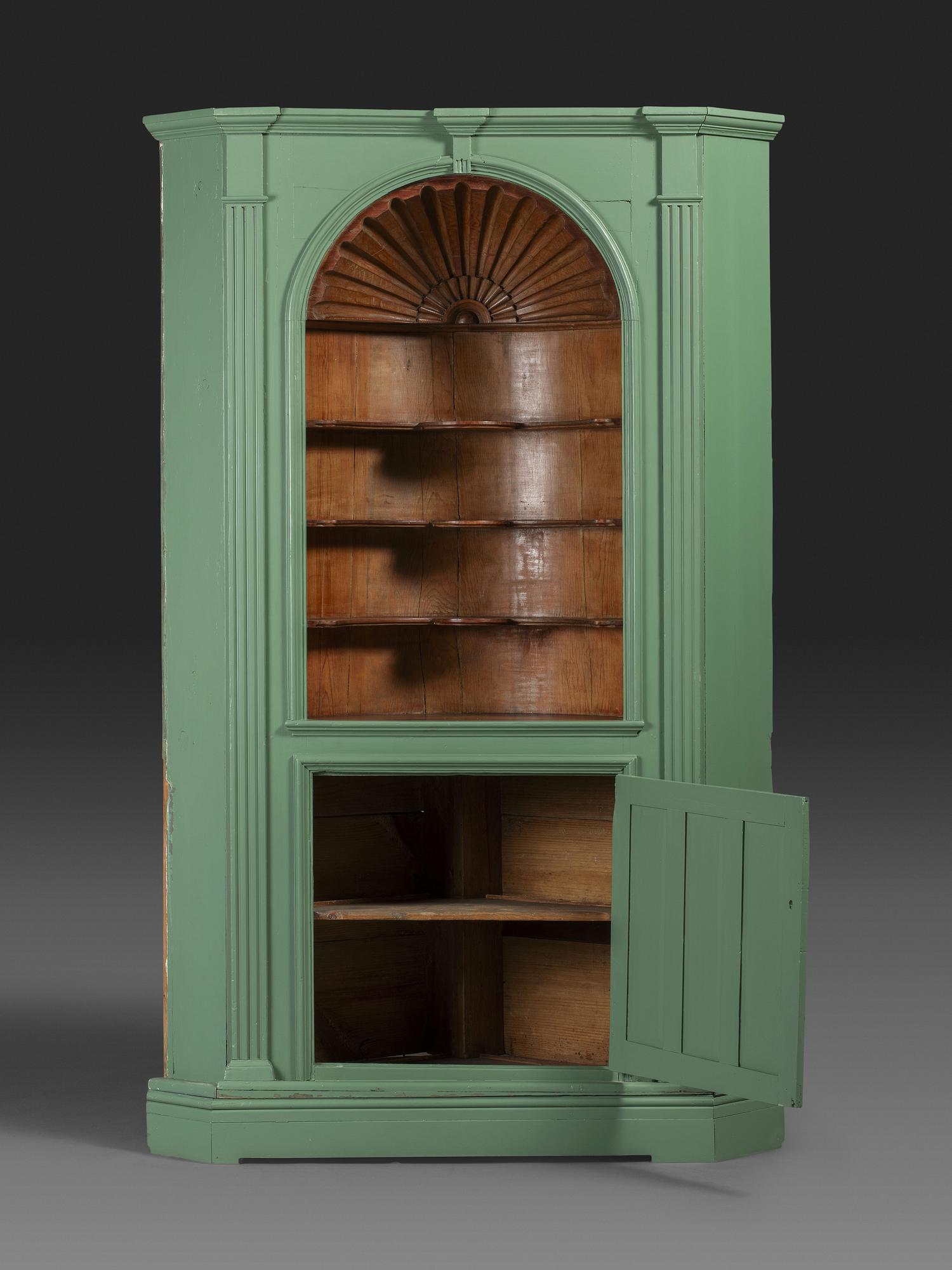 A Chippendale Green Painted and Shell-Carved Pine Corner Cupboard
