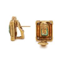 KATY BRISCOE, YELLOW GOLD, CARVED EMERALD AND DIAMOND EARCLIPS