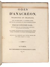 ANACREON (?572-?488 B.C.). Odes...traduites en francois, avec le texte grec, la version latine, des notes critiques, et deux dissertations . Paris: Didot l'aone, an VII [1799].