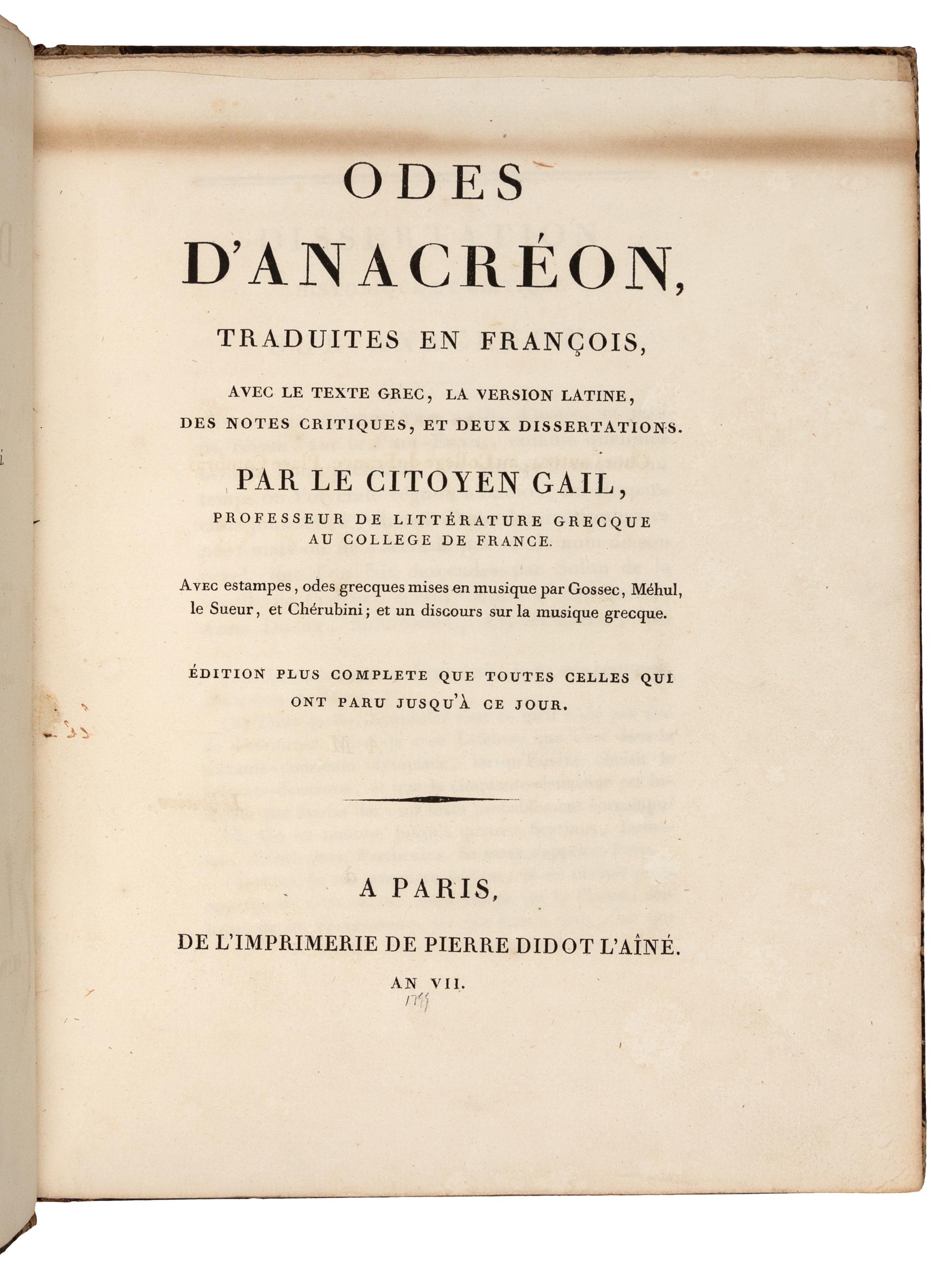 ANACREON (?572-?488 B.C.). Odes...traduites en francois, avec le texte grec, la version latine, des notes critiques, et deux dissertations . Paris: Didot l'aone, an VII [1799].