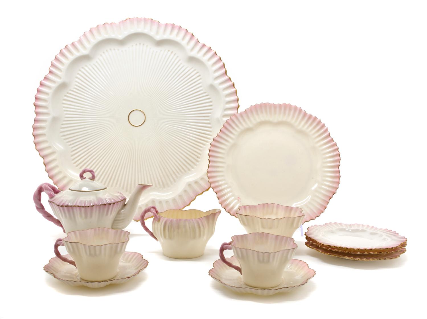 A Belleek Hexagon Tea Service, Diameter of tray 16 3/4 inches.