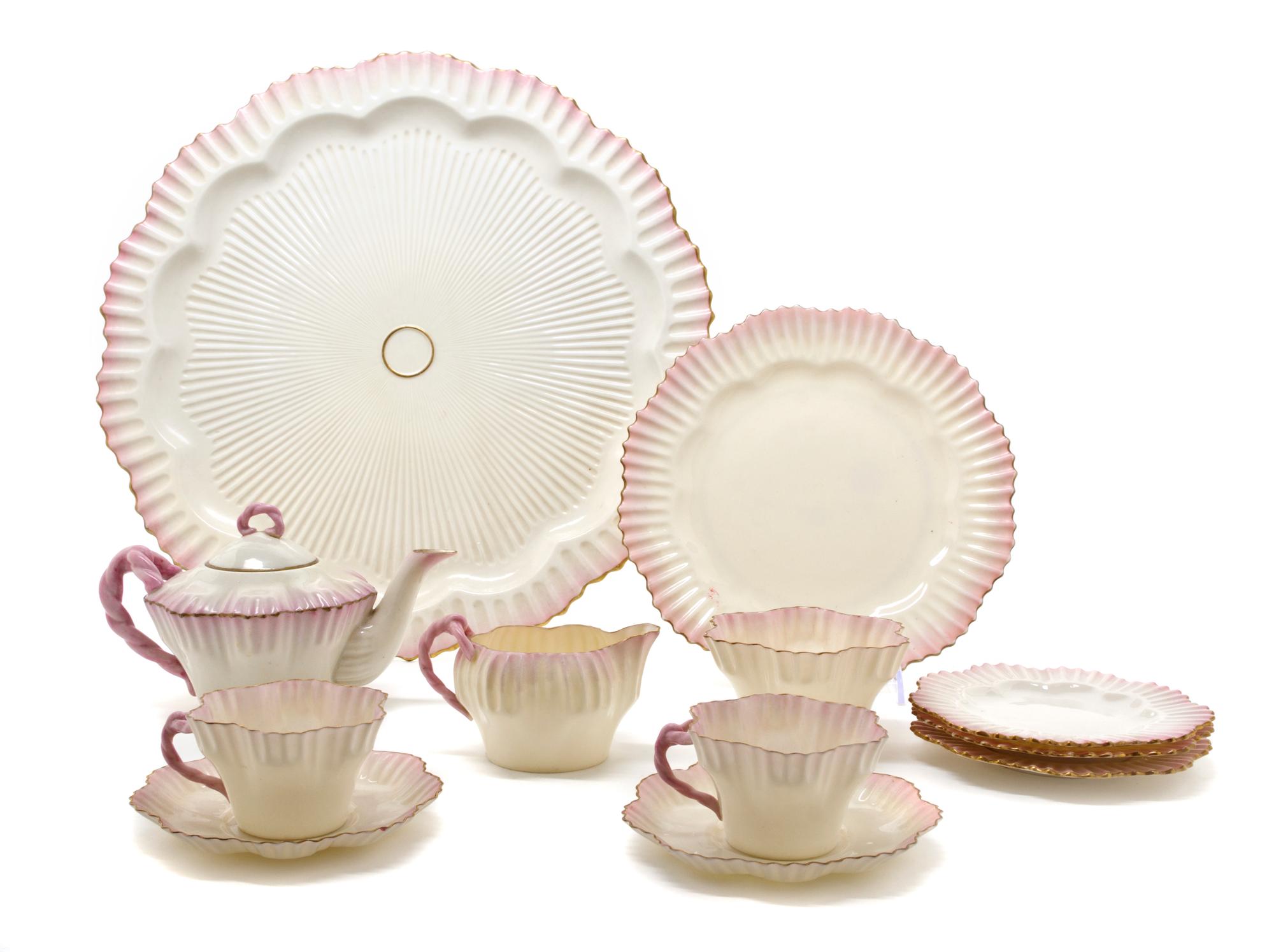 A Belleek Hexagon Tea Service, Diameter of tray 16 3/4 inches.
