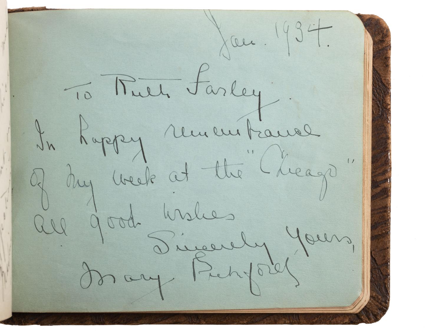 [AUTOGRAPHS]. Two autograph books owned by Chicago club owner Ruth Farley, signed by musicians, actors, and others of note including Cab Calloway, Mae West, Duke Ellington, and Mary Pickford.