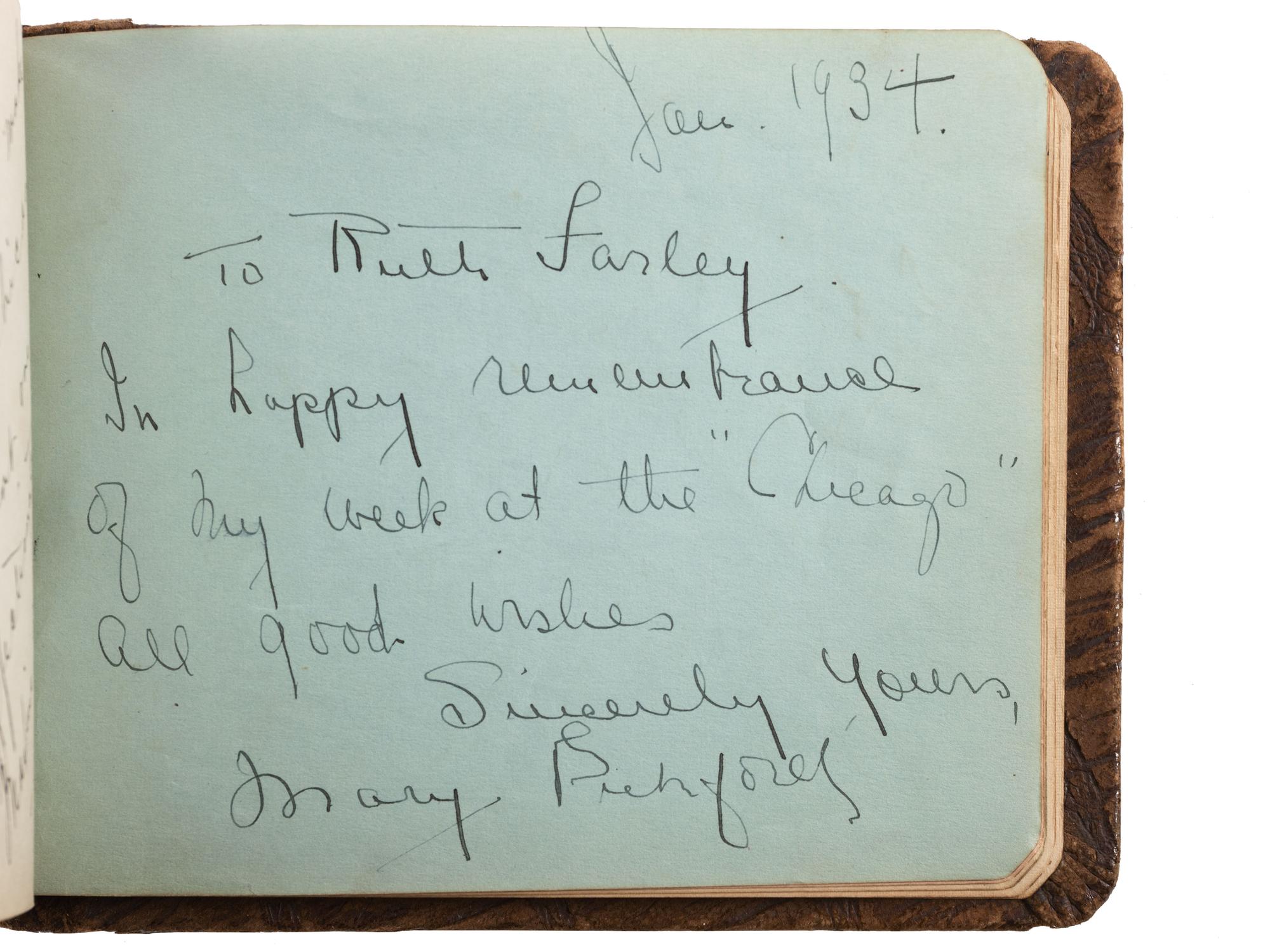 [AUTOGRAPHS]. Two autograph books owned by Chicago club owner Ruth Farley, signed by musicians, actors, and others of note including Cab Calloway, Mae West, Duke Ellington, and Mary Pickford.