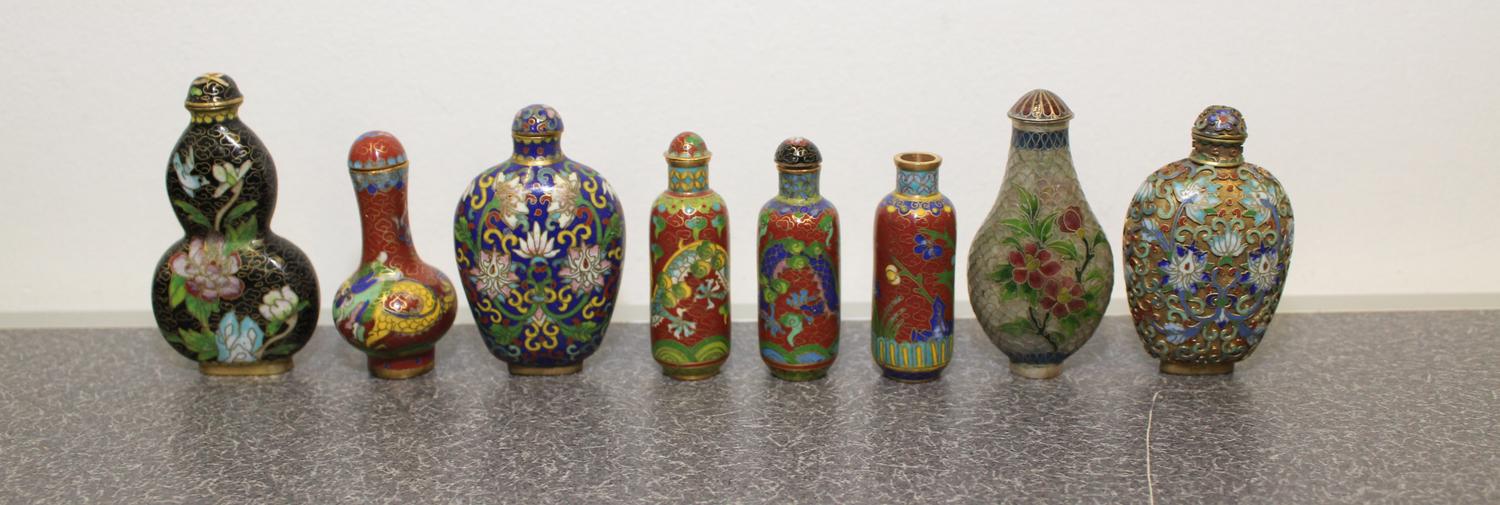 Eight Cloisonne Snuff Bottles Height of tallest 3 inches.
