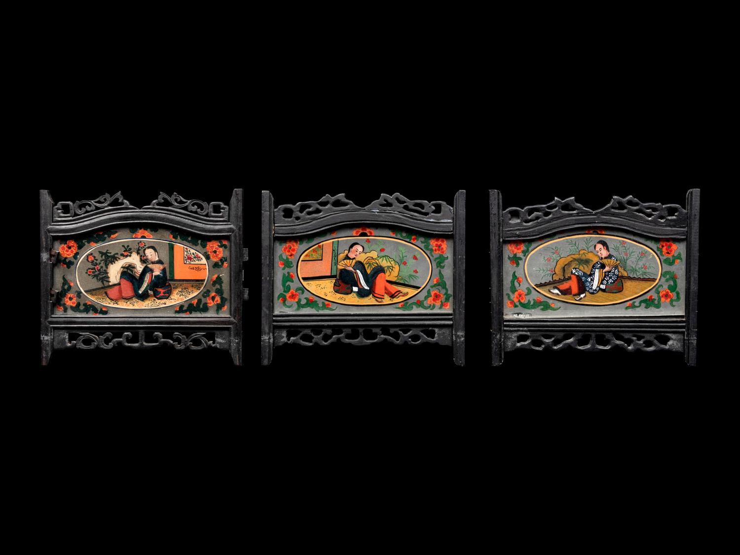 Three Chinese Painted on Glass and Wood Lanterns