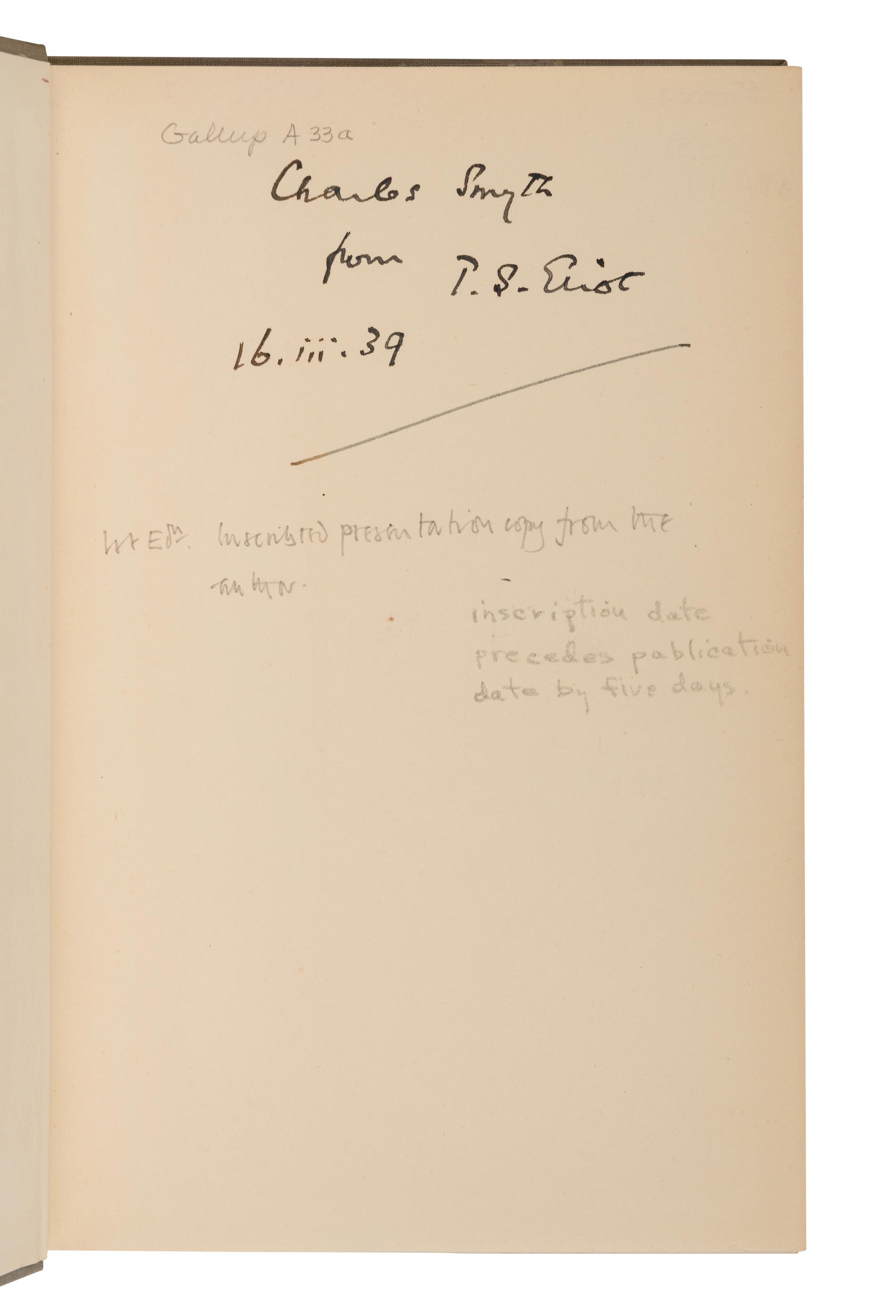 ELIOT, T.S. (1888-1945). The Family Reunion. London: Faber & Faber Limited, 1939.