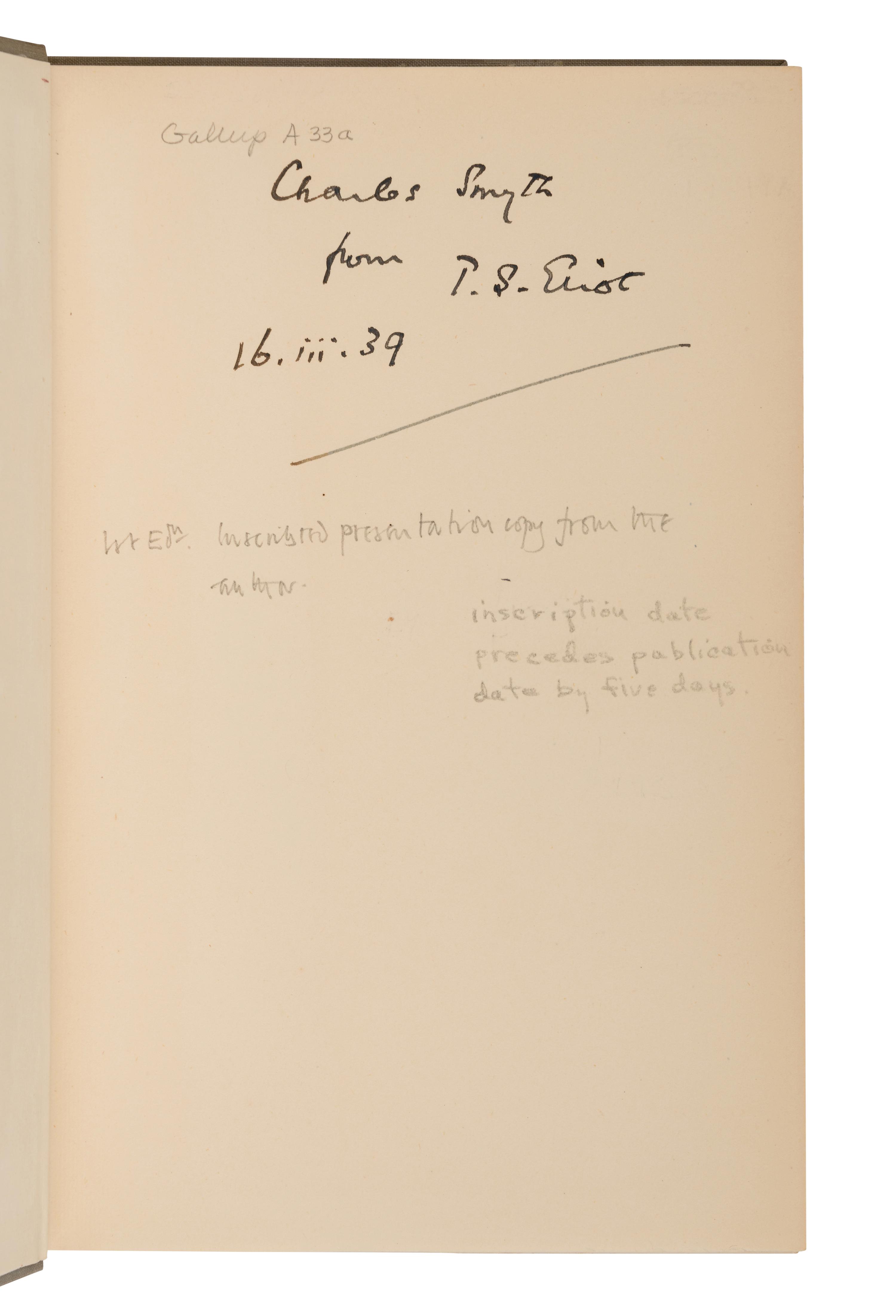 ELIOT, T.S. (1888-1945). The Family Reunion. London: Faber & Faber Limited, 1939.