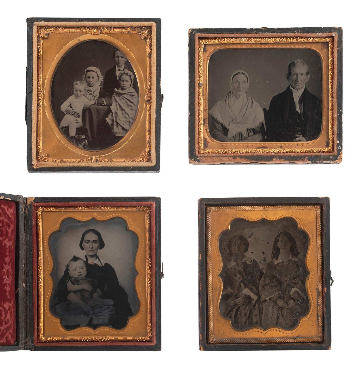 [EARLY PHOTOGRAPHY]. 20 Sixth plate ambrotypes and tintypes of groups and pairs of people.