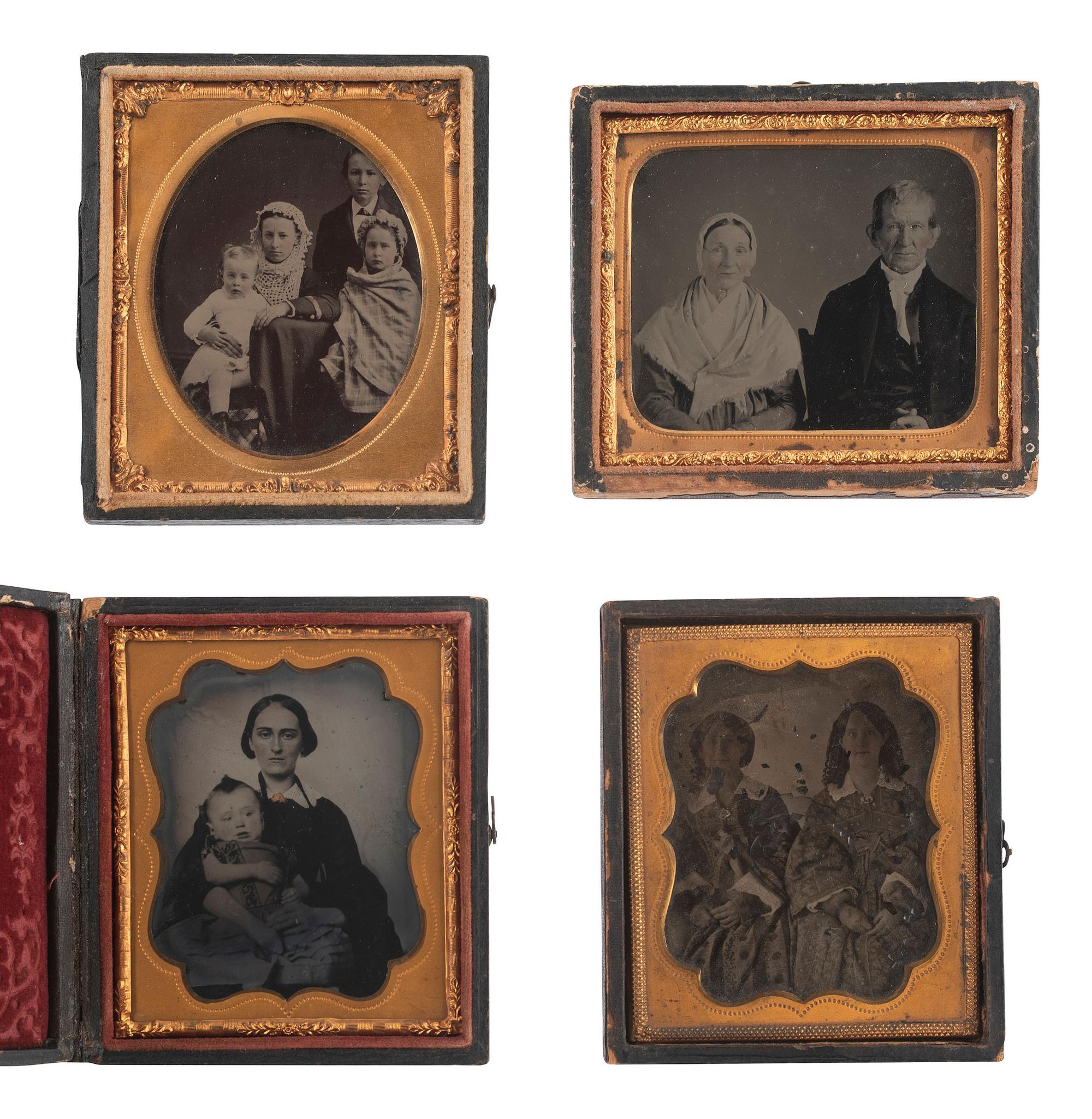 [EARLY PHOTOGRAPHY]. 20 Sixth plate ambrotypes and tintypes of groups and pairs of people.