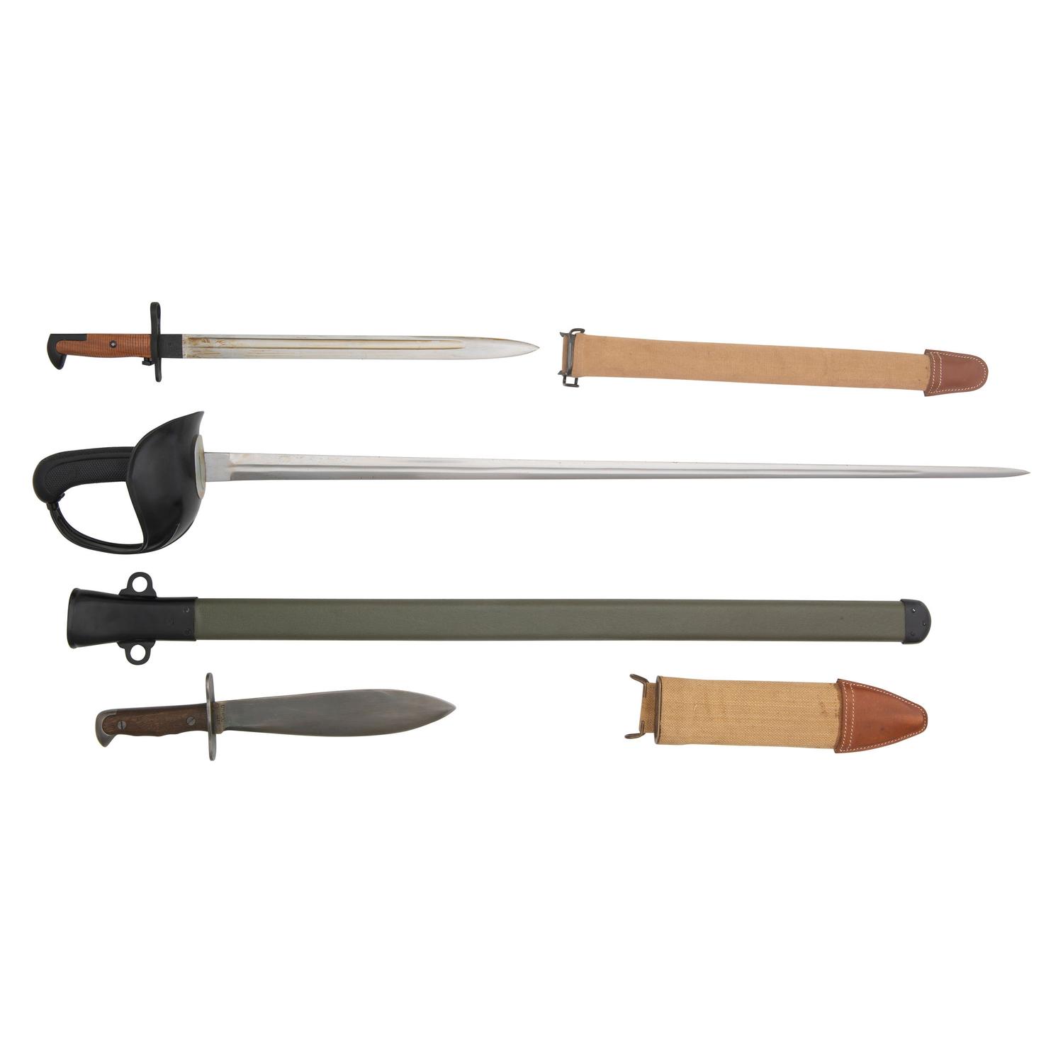 Lot of Reproduction American Edged Weapons Including: Patton Saber, 1917 Bolo, 1905 Bayonet