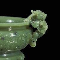 A Chinese carved sage green jade tripod censer 碧玉三足香炉