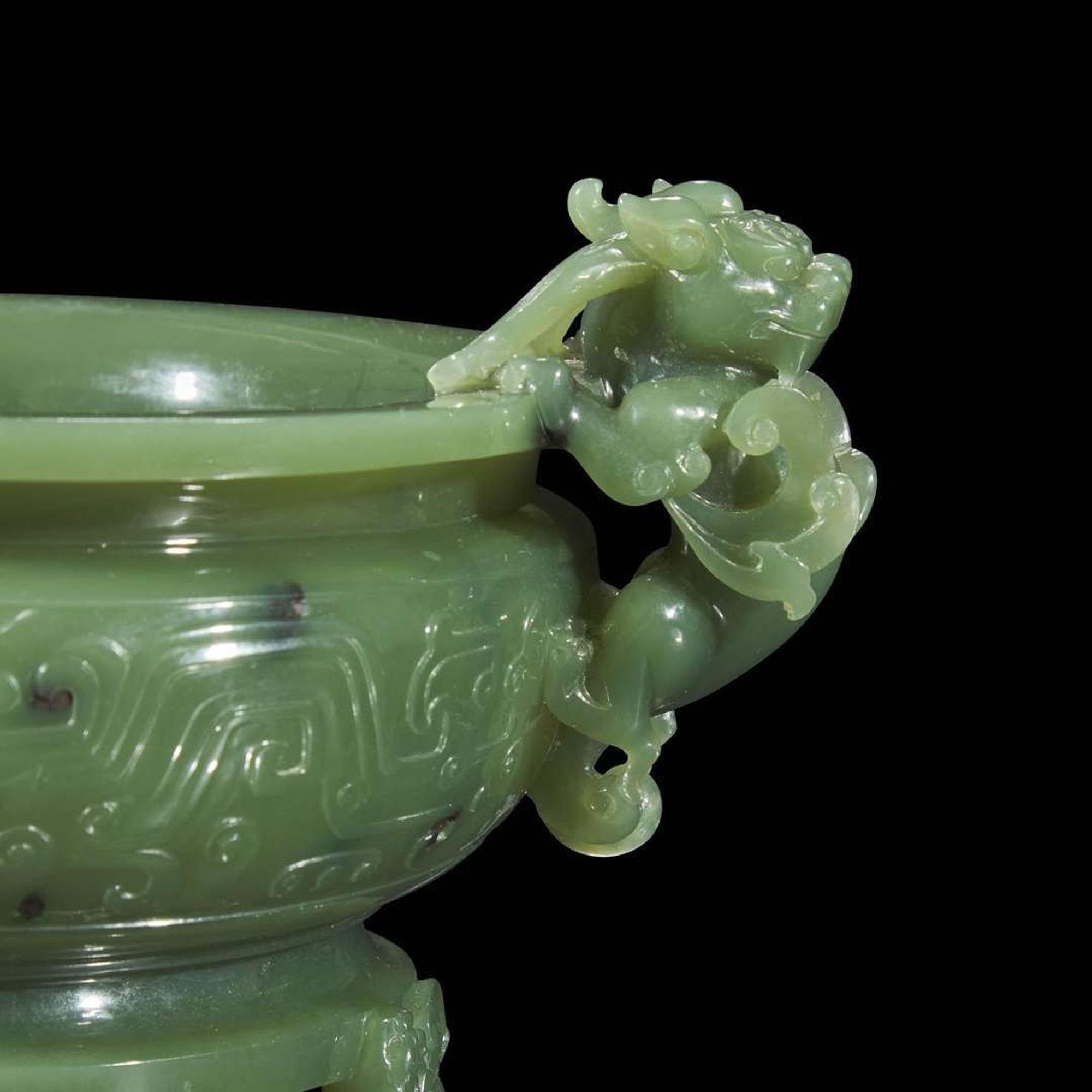 A Chinese carved sage green jade tripod censer 碧玉三足香炉