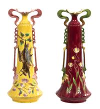 A Near Pair of Art Nouveau Pottery Vases, Height 21 1/2 inches.