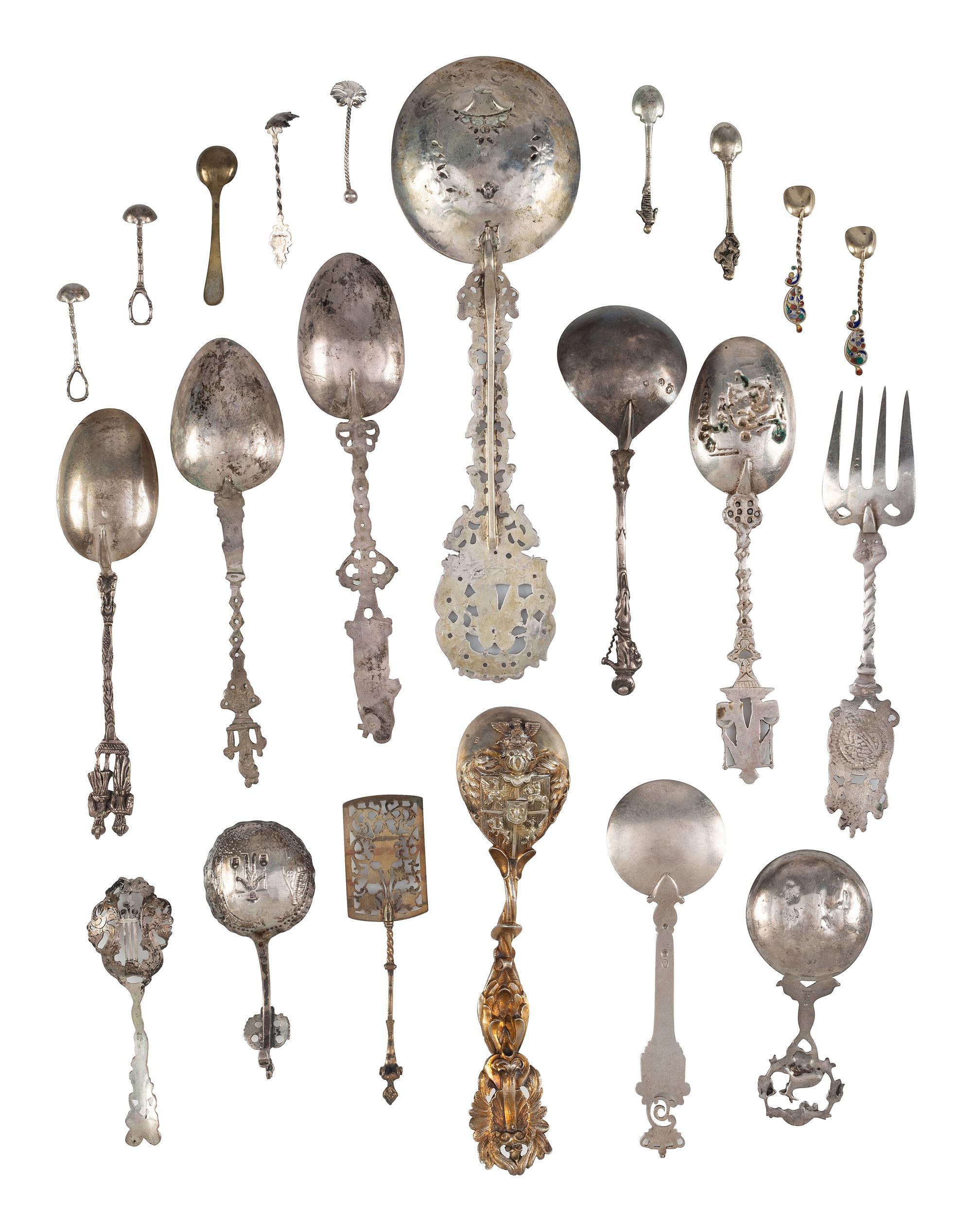 Twenty-Two Silver, Gilt and Enamel Souvenir and Serving Spoons and a Fork
