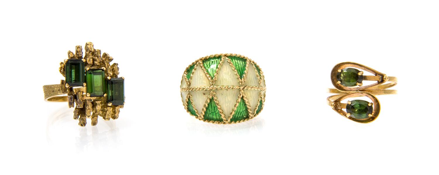 A Collection of 18 Karat Yellow Gold, Tourmaline and Polychrome Enamel Rings, 16.30 dwts.