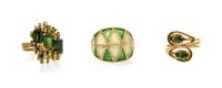 A Collection of 18 Karat Yellow Gold, Tourmaline and Polychrome Enamel Rings, 16.30 dwts.