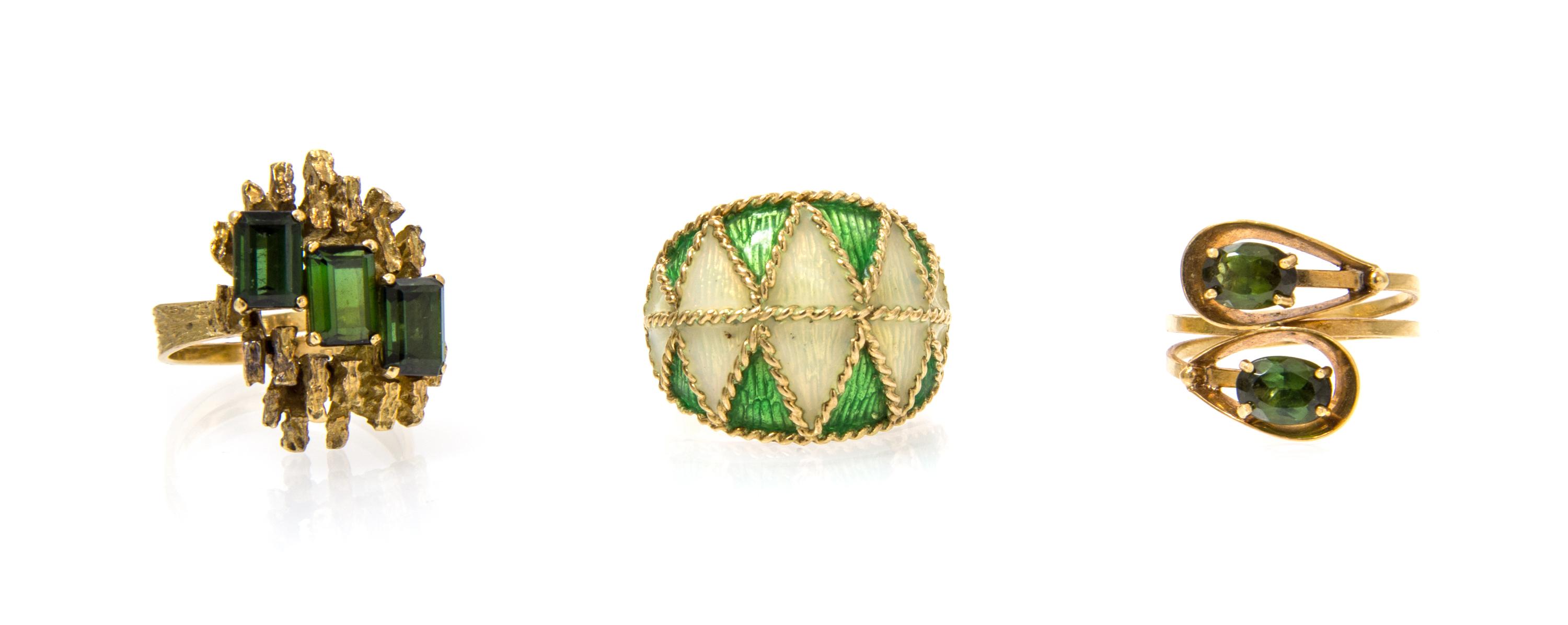 A Collection of 18 Karat Yellow Gold, Tourmaline and Polychrome Enamel Rings, 16.30 dwts.