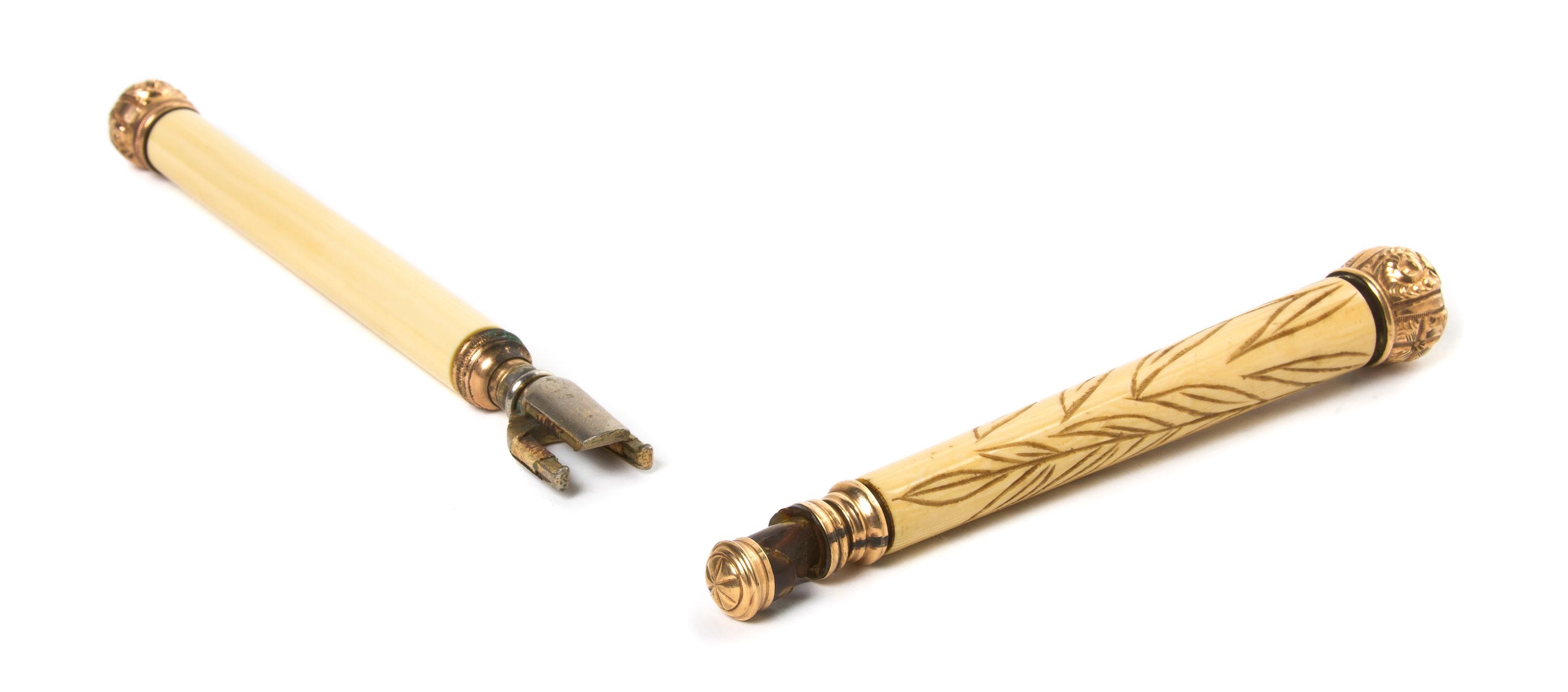 Two Ivory Veneered Opera Glass Holders, Length of longer 6 inches (closed).