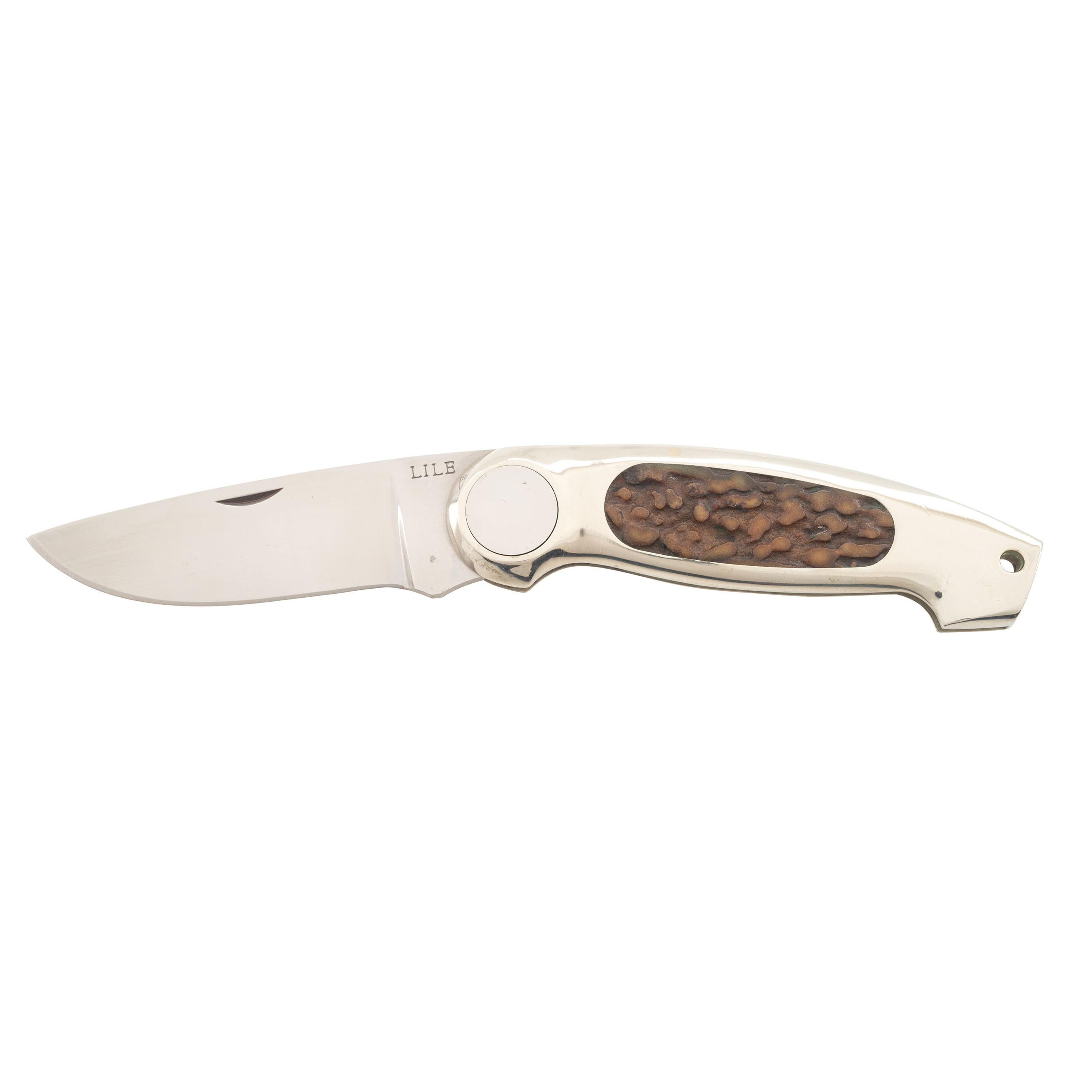 Jimmy Lile Button Lock Folding Knife with Staghorn Grips, No Dot Mark, and Engraved Patent Mark
