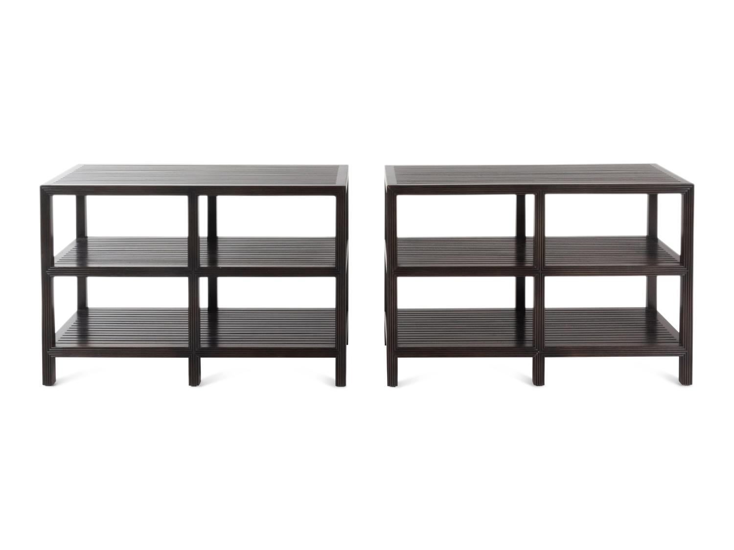 A Pair of Contemporary Stained Oak Three-Tier Console Tables