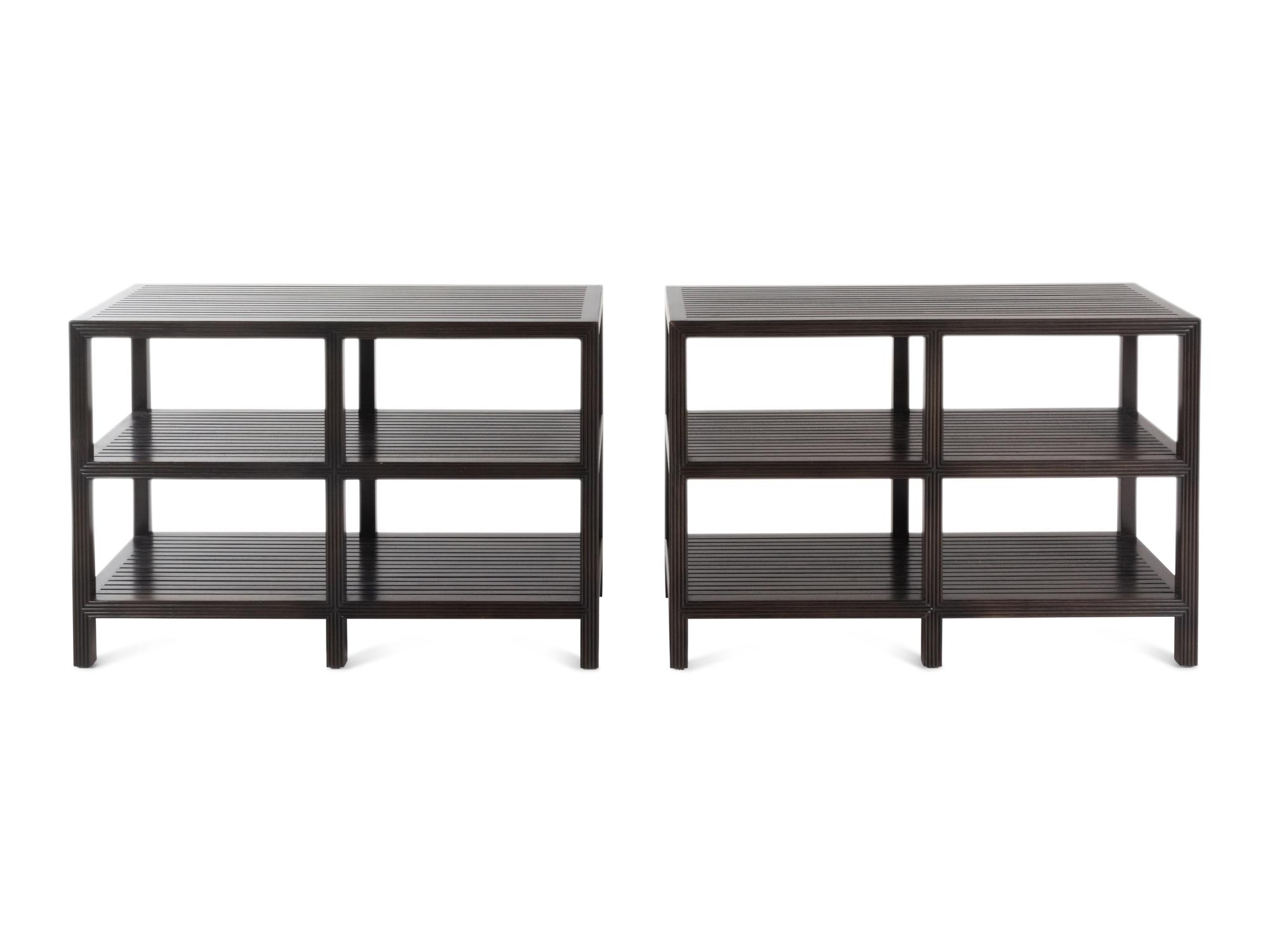 A Pair of Contemporary Stained Oak Three-Tier Console Tables