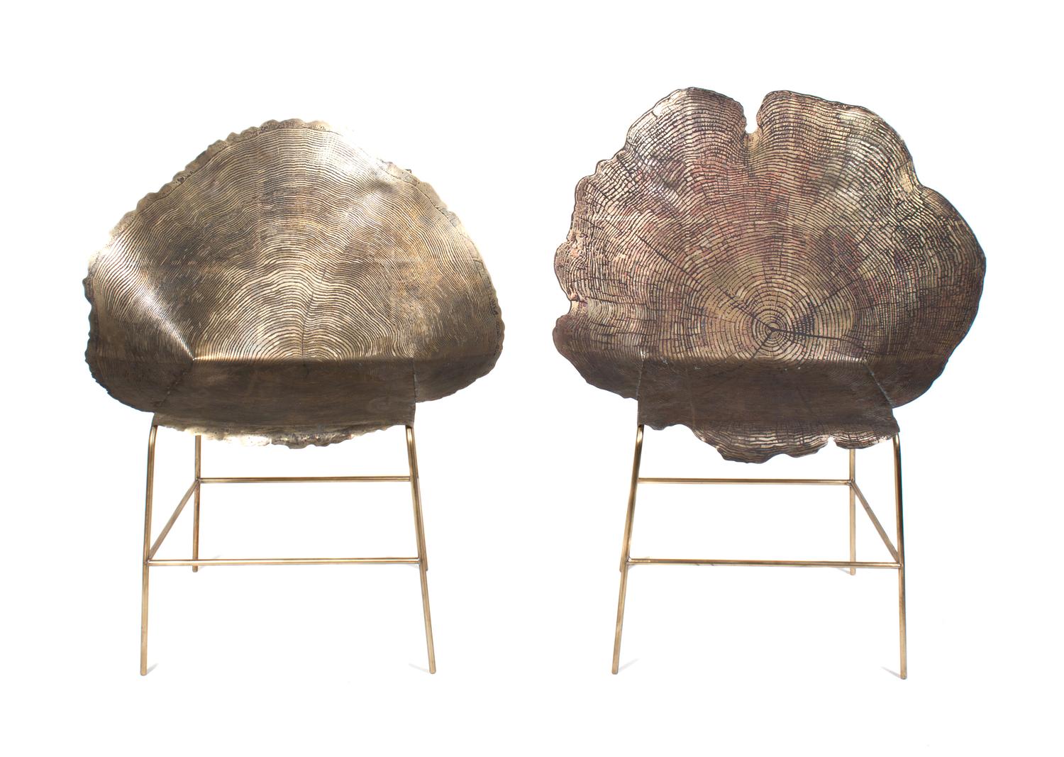 Two Brass and Acid Etched Side Chairs Height of taller 38 3/4 inches. — SHARON SIDES