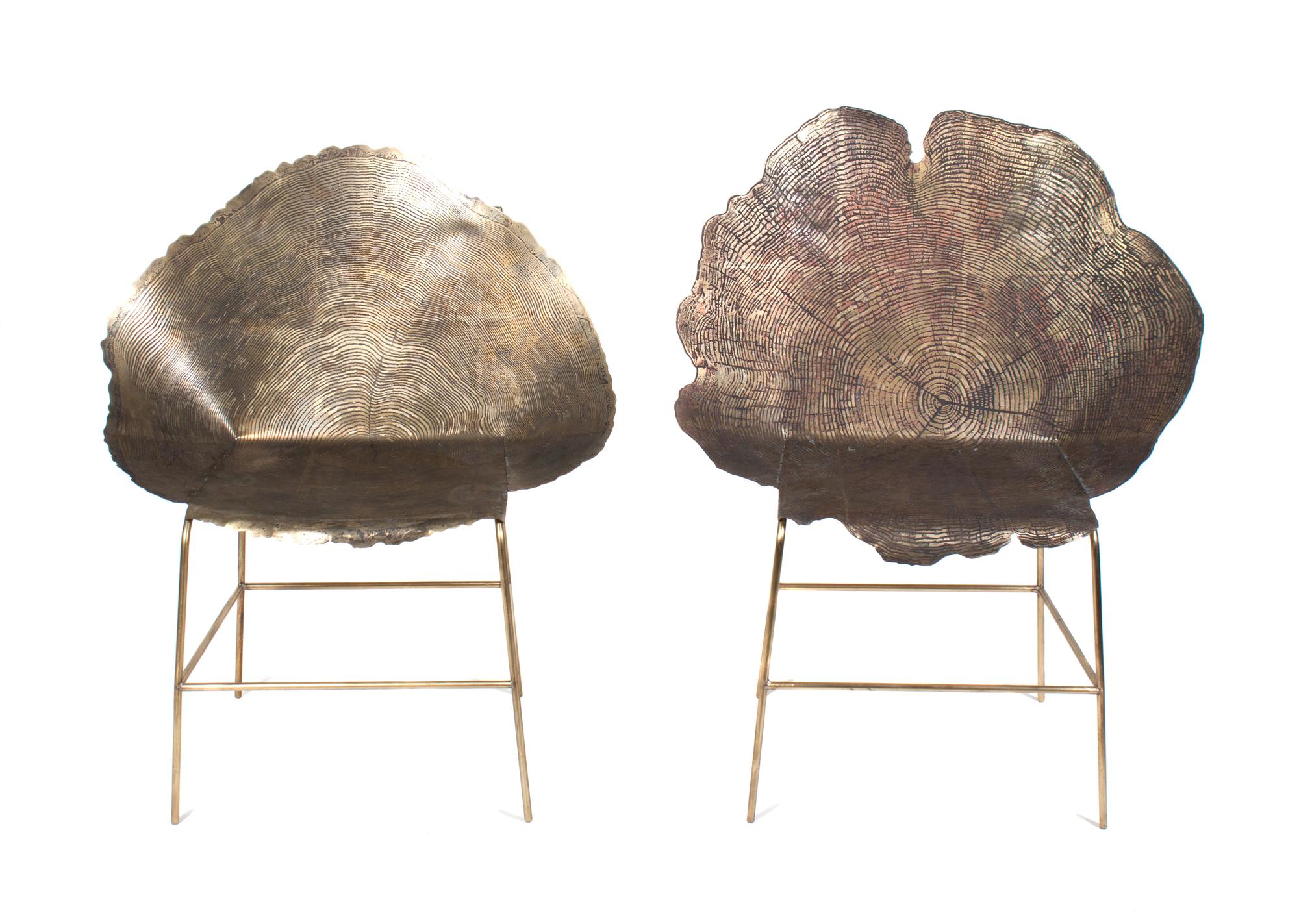 Two Brass and Acid Etched Side Chairs Height of taller 38 3/4 inches. — SHARON SIDES