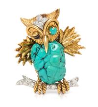 An 18 Karat Yellow Gold, Platinum, Turquoise, Diamond and Enamel Owl Brooch, David Webb, 16.60 dwts.