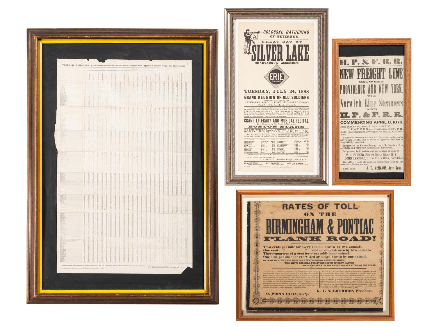 [TRANSPORTATION] -- [CIVIL WAR]. A group of 4 broadsides involving travel by toll road and railroad, highlighted by: A Colossal Gathering of Veterans. Great Day at Silver Lake Chautauqua Assembly.