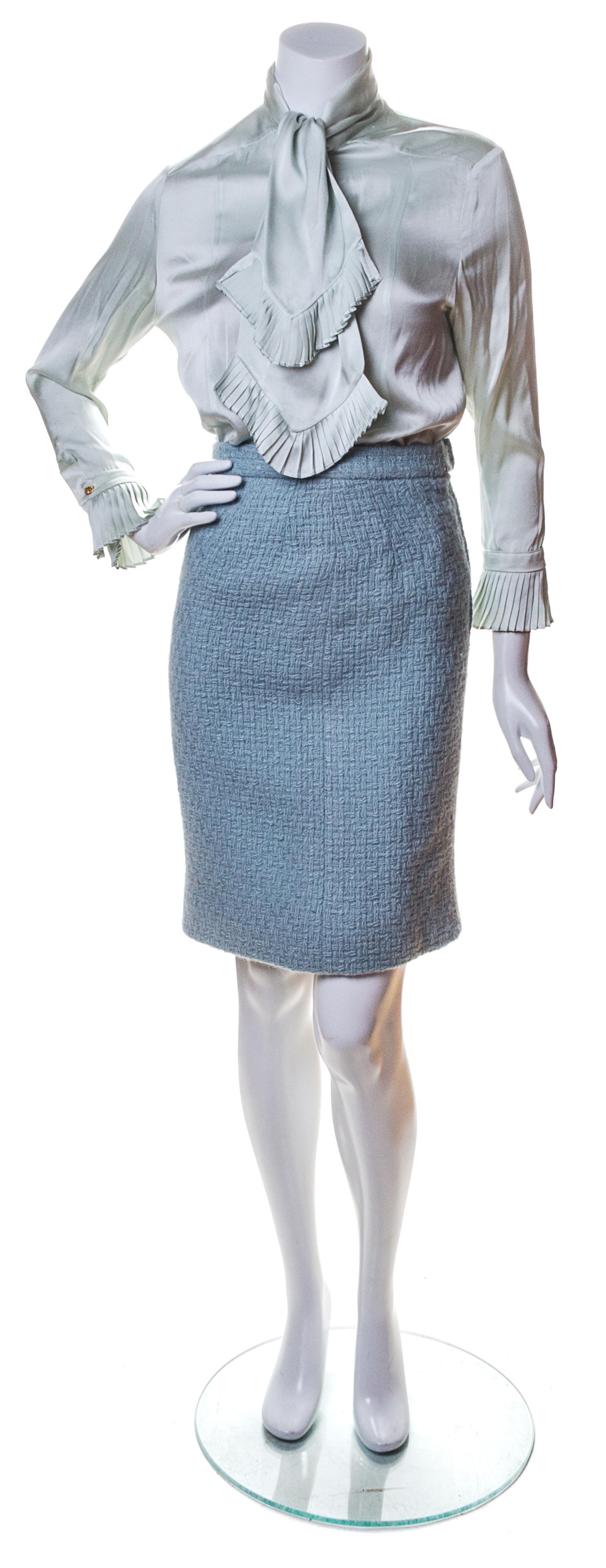A Chanel Dusty Blue Wool Boucle Skirt Suit Ensemble, Jacket and skirt size 34.