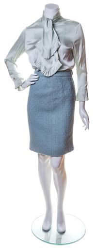 A Chanel Dusty Blue Wool Boucle Skirt Suit Ensemble, Jacket and skirt size 34.