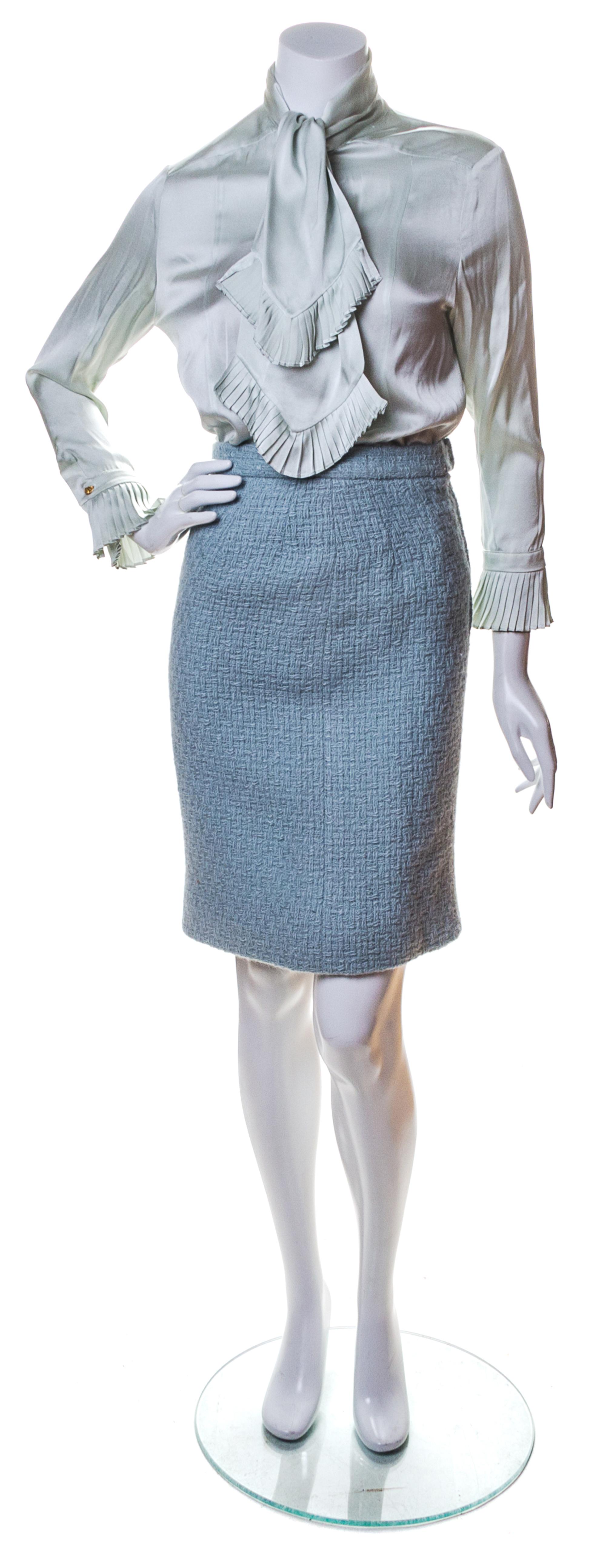 A Chanel Dusty Blue Wool Boucle Skirt Suit Ensemble, Jacket and skirt size 34.