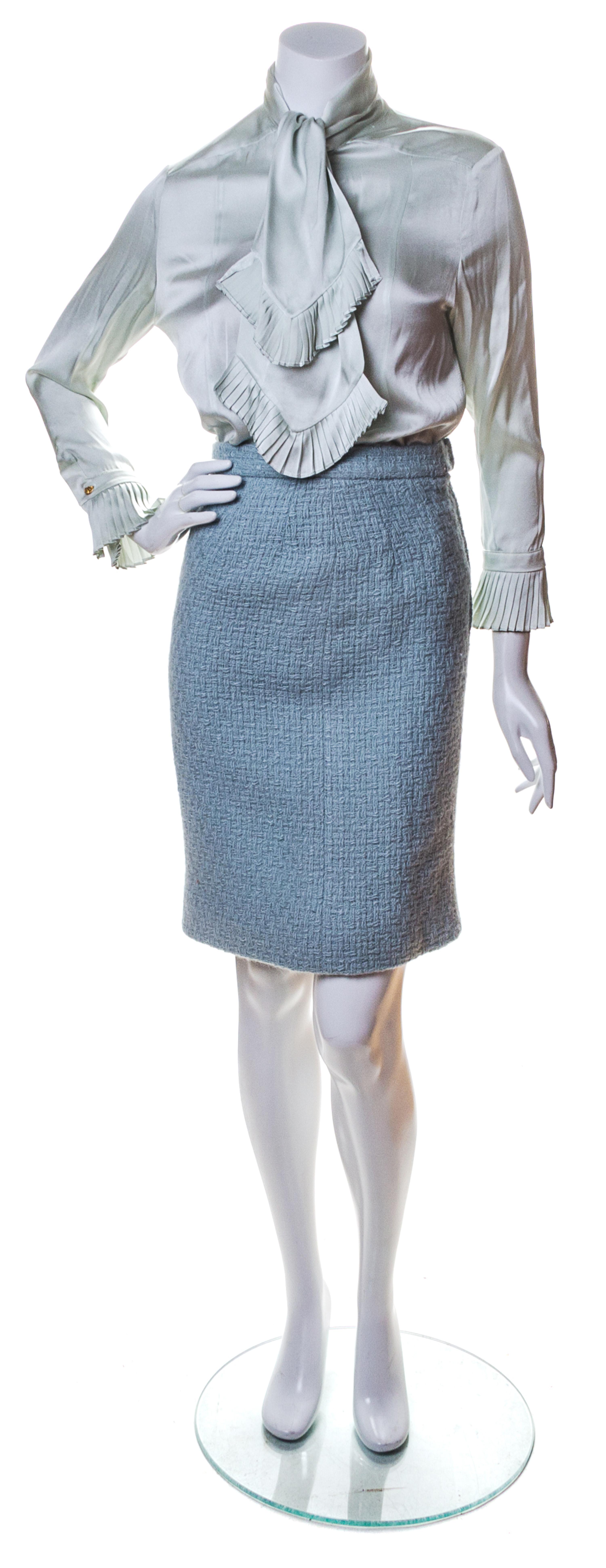 A Chanel Dusty Blue Wool Boucle Skirt Suit Ensemble, Jacket and skirt size 34.