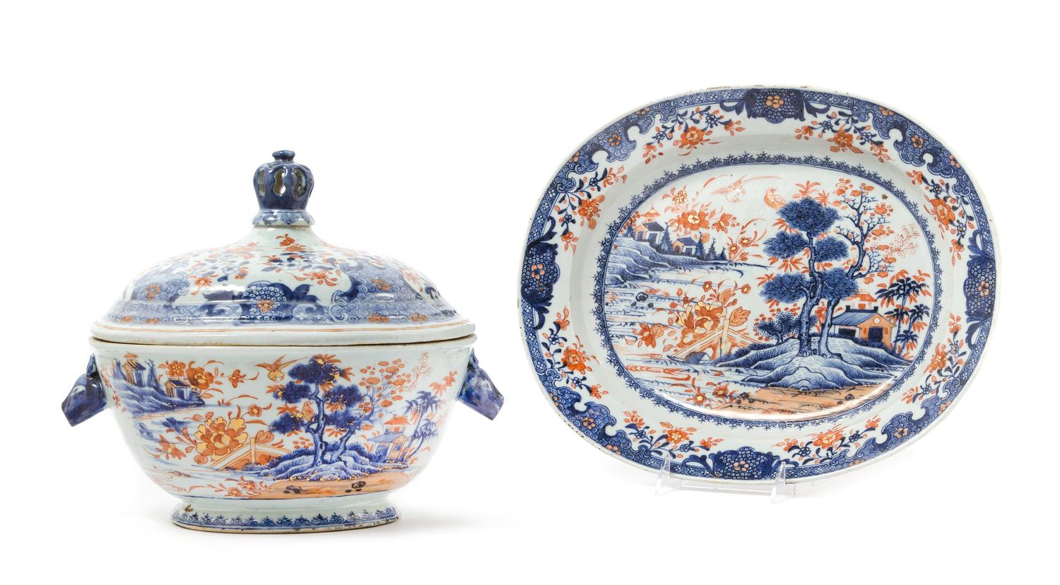 A Chinese Export Imari Pattern Porcelain Covered Tureen and Plate 18TH CENTURY Width of platter 15 1/4 inches. — 18TH CENTURY