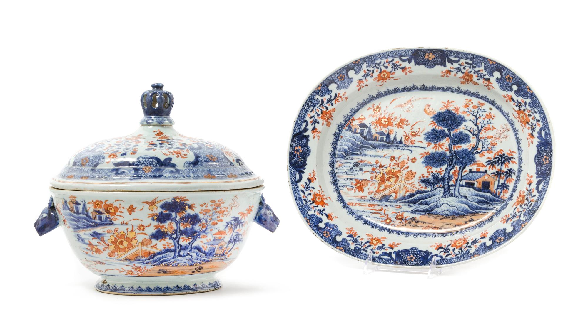A Chinese Export Imari Pattern Porcelain Covered Tureen and Plate 18TH CENTURY Width of platter 15 1/4 inches. — 18TH CENTURY