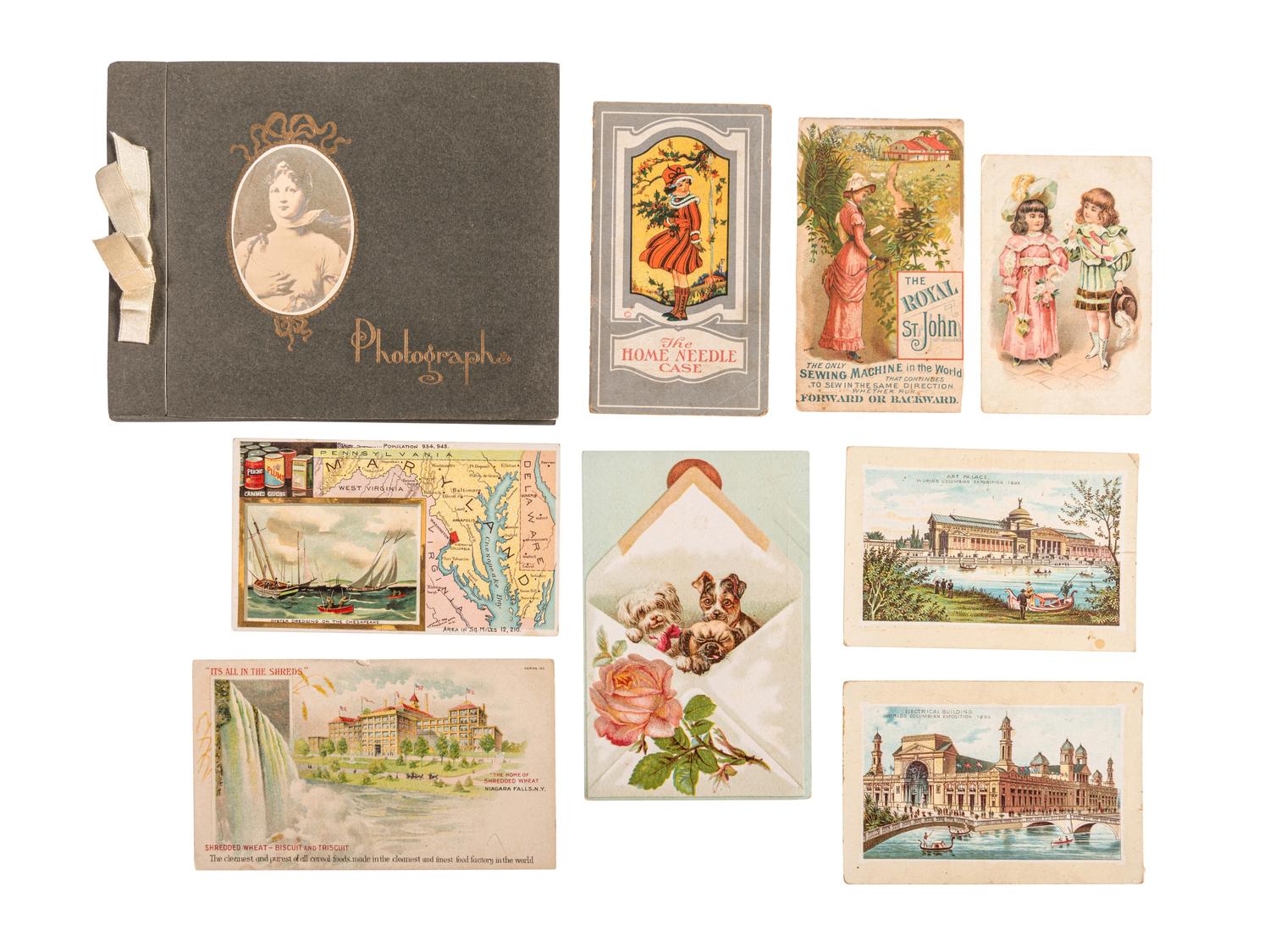 [ART AND ADVERTISING] A diverse assortment of ephemera including razor blades, advertising cards from the Chicago World's Fair, Murray's catalog of horse-drawn vehicles from 1912, red trading stamps, and more.
